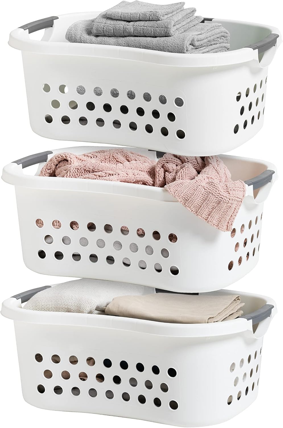 IRIS USA Laundry Basket 50L Large Plastic Hip Hold Hamper with Built-In Comfort Carry Handles, 3-Pack, 1.5 Bushel Hamper for Storage with Ventilation Holes for Closet Dorm Laundry Room Bedroom, White