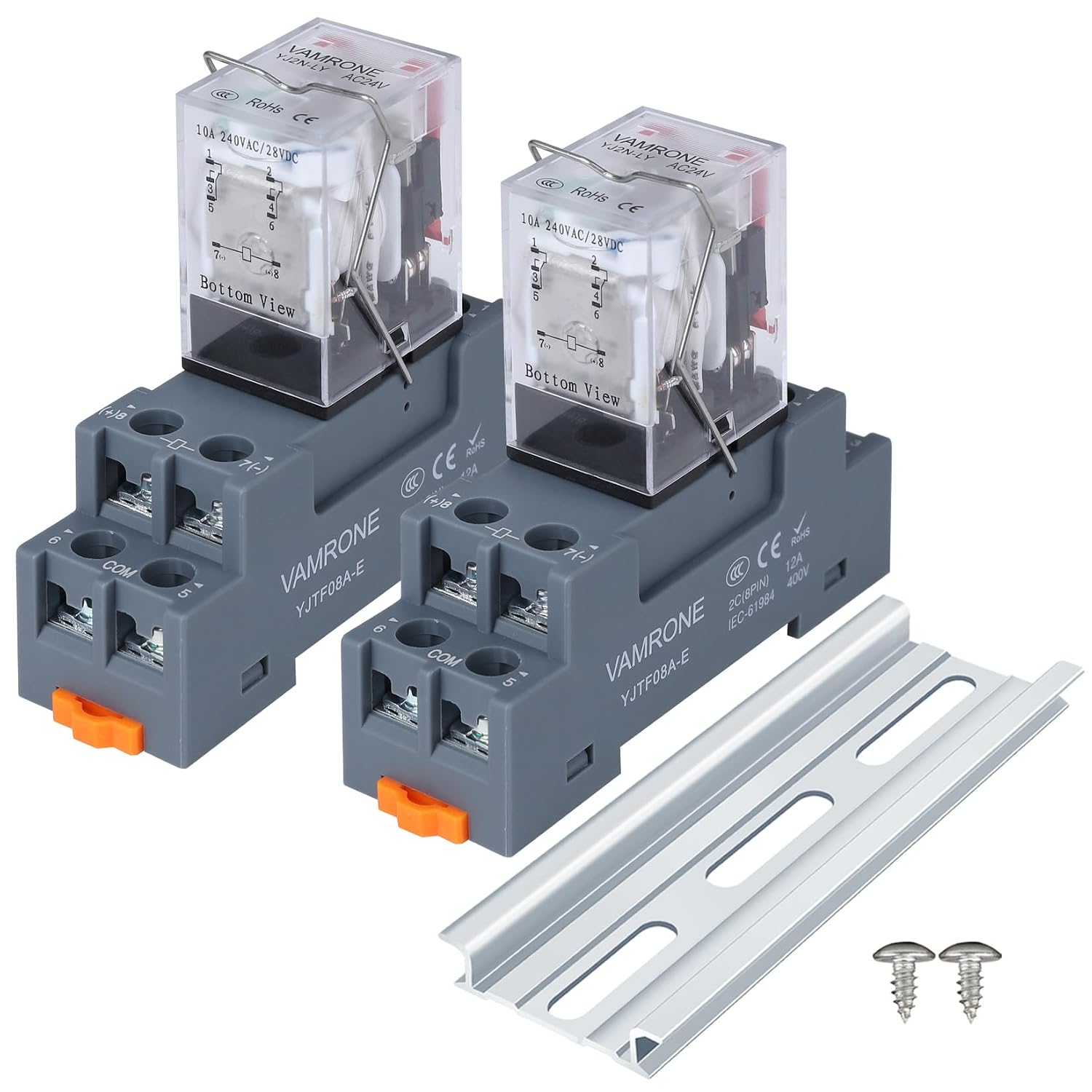 Electromagnetic Power Relay, 8-Pin 10 AMP 24V AC Relay Coil with Socket Base, LED Indicator, DPDT 2NO 2NC - MY4NJ 2PCS [Applicable for DIN Rail System]