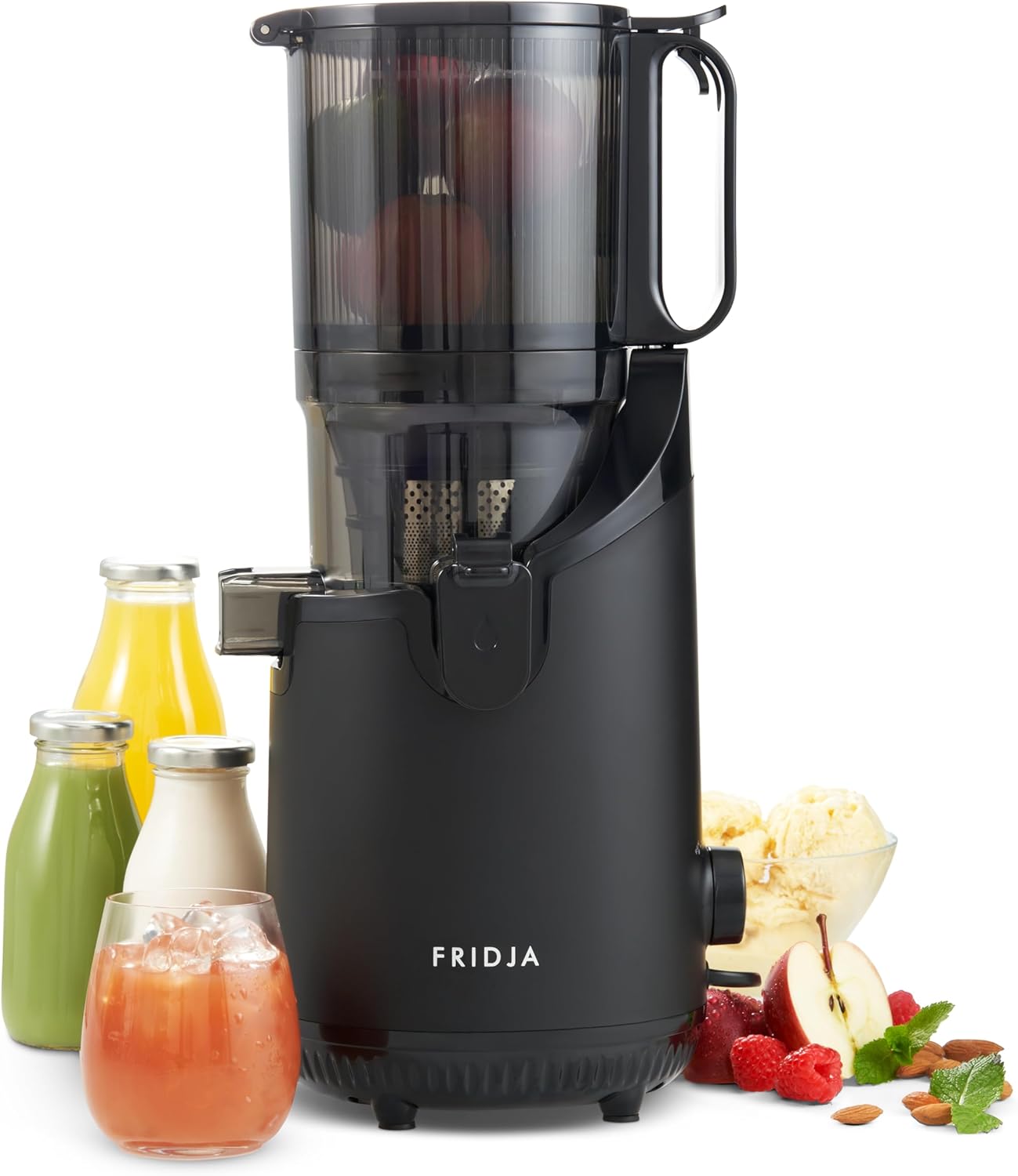 Fridja f2500 Juicer, Whole Fruit Masticating Slow Juicer, 135mm Feeding Chute & 250W Motor, Cold Press Juice & Nut Milk Extraction, Full-Size, Matte Black
