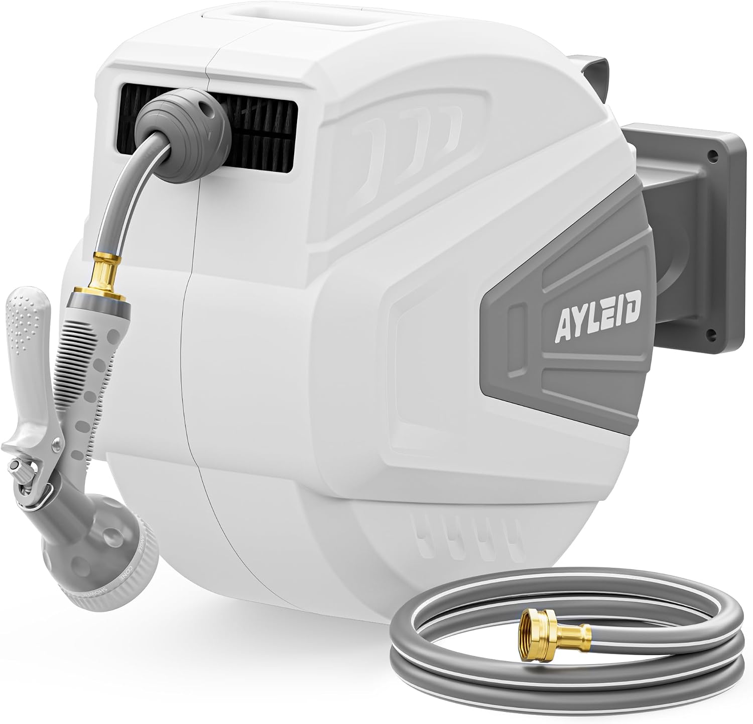 Ayleid Retractable Rubber Hybrid Garden Hose Reel, 1/2"x100ft Wall Mount | Anti-freeze, kink-free premium rubber hybrid hose, 24-month warranty, 9-pattern sprayer, any-length lock, slow auto-return.
