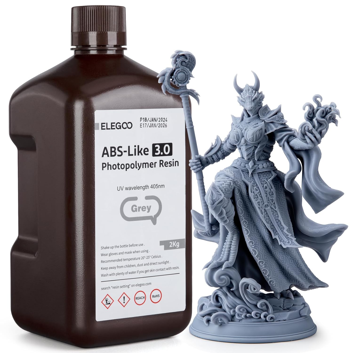 ELEGOO ABS-Like 3D Printer Resin 3.0, 405nm UV-Curing Photopolymer Resin for LCD/DLP 3D Printing, with Enhanced Strength and Toughness, High Precision, Low Viscosity, Grey 2KG