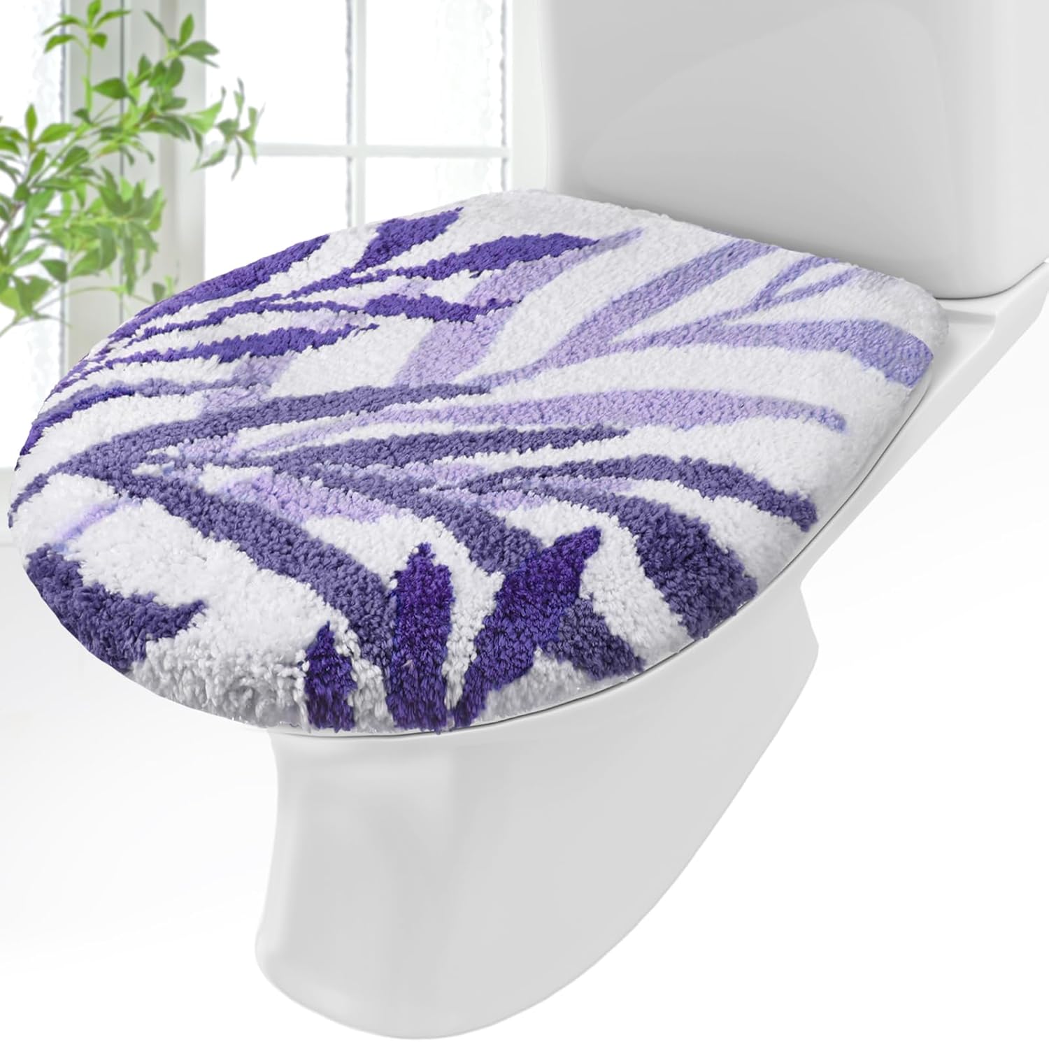 Leaves Bathroom Toilet Lid Cover Soft Microfiber 17.5'' x 15'' Plush Solid Tufted Toilet Seat Machine Washable Adjustable Rubber Backing Cover Fits Most Round Elongated Oblong Lids (Purple)