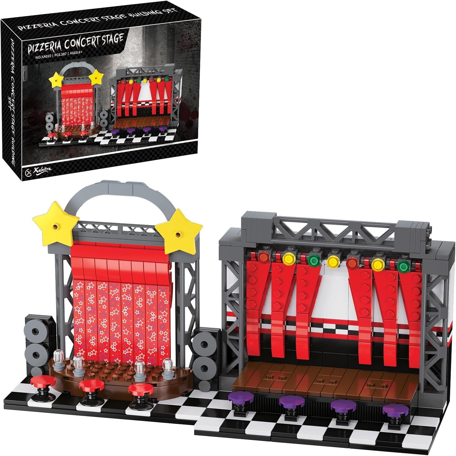 Five Nights Pizzeria Star Curtain Concert Stage Building Blocks Set, Monster Classic Horror Game Halloween Creative Festival Bricks Kit Toys Gifts Merch, Suitable for Fans Boys Girls Kids
