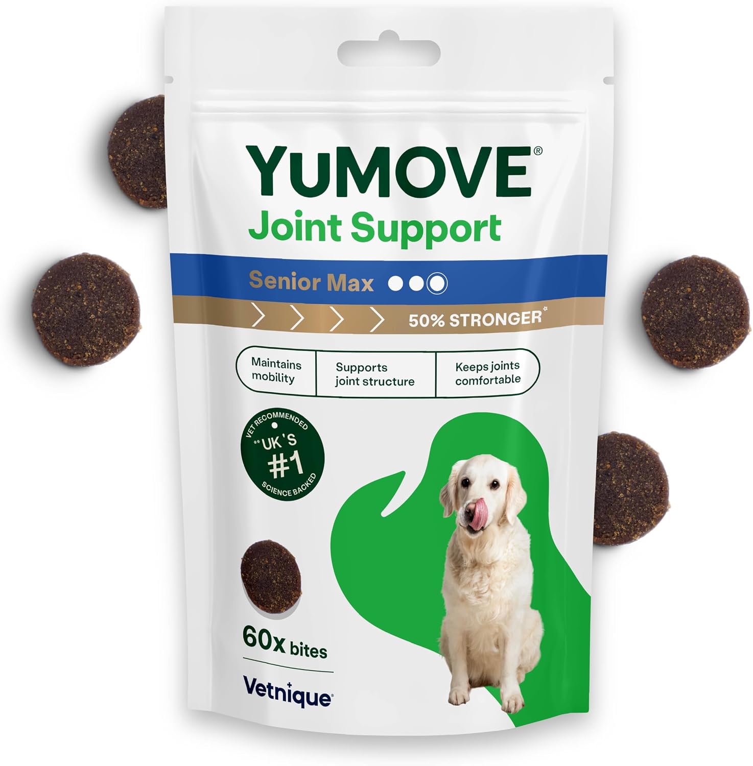 YuMOVE Max Strength Joint Supplement, Hip & Joint Aid with Glucosamine, Chondroitin, Green Lipped Mussel, Aged 8+, 60 Chews | Unflavoured