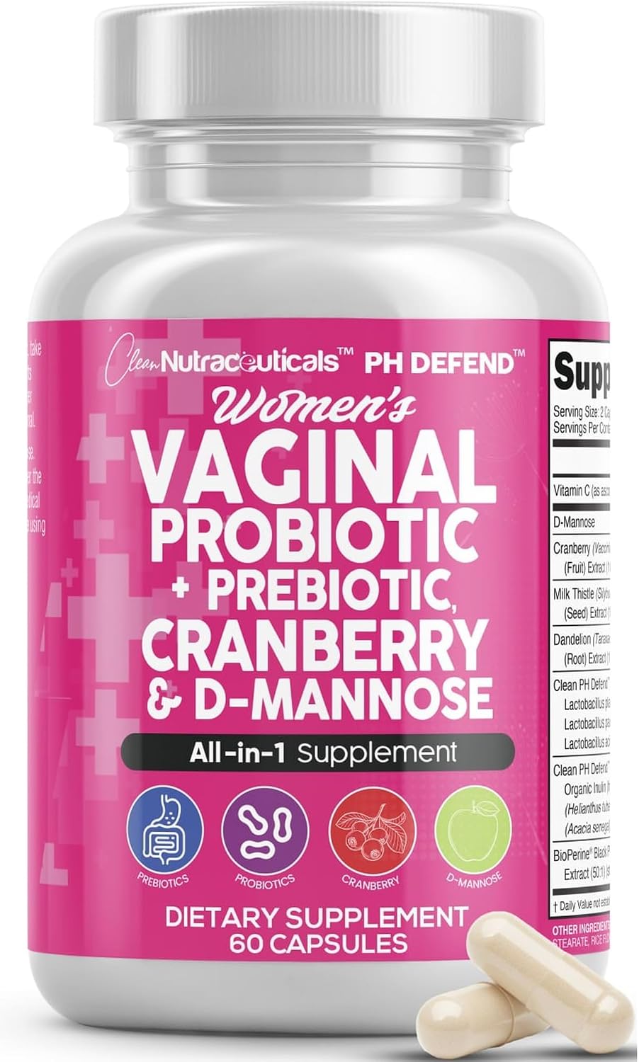 Clean Nutraceuticals Vaginal Probiotics for Women with Cranberry, D-Mannose, Prebiotics, pH Balance Support, Feminine Health, Urinary Tract Cleanse – Capsule Alternative to Gummies – 60 Count