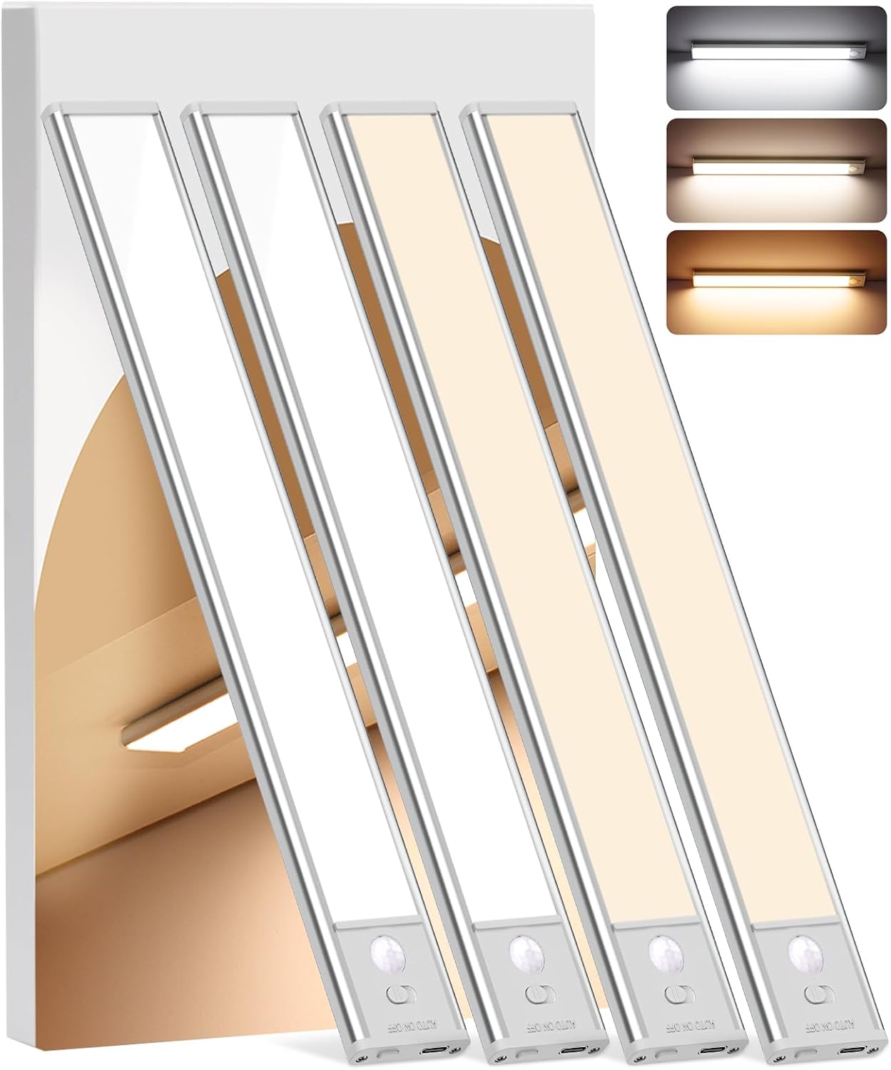 Under Cabinet Lighting Wireless, 4Pack Motion Sensor Light Indoor with 3 Color Temps, Dimmable Closet Lights Battery Operated, LED Magnetic Light, Rechargeable Under Counter Lights for Kitchen Home