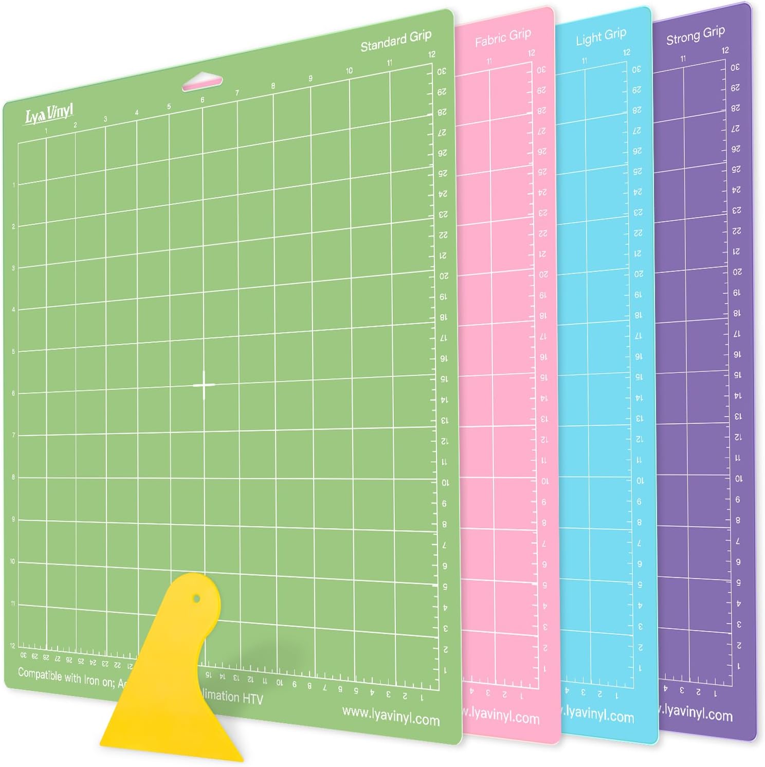 Cutting Mats for Cricut - Lya Vinyl 4 Pack Variety 12x12, Vinyl(StandardGrip, LightGrip, StrongGrip, FabricGrip) Explore Air Series & Accessories (LYA-CUTTINGMAT-4)