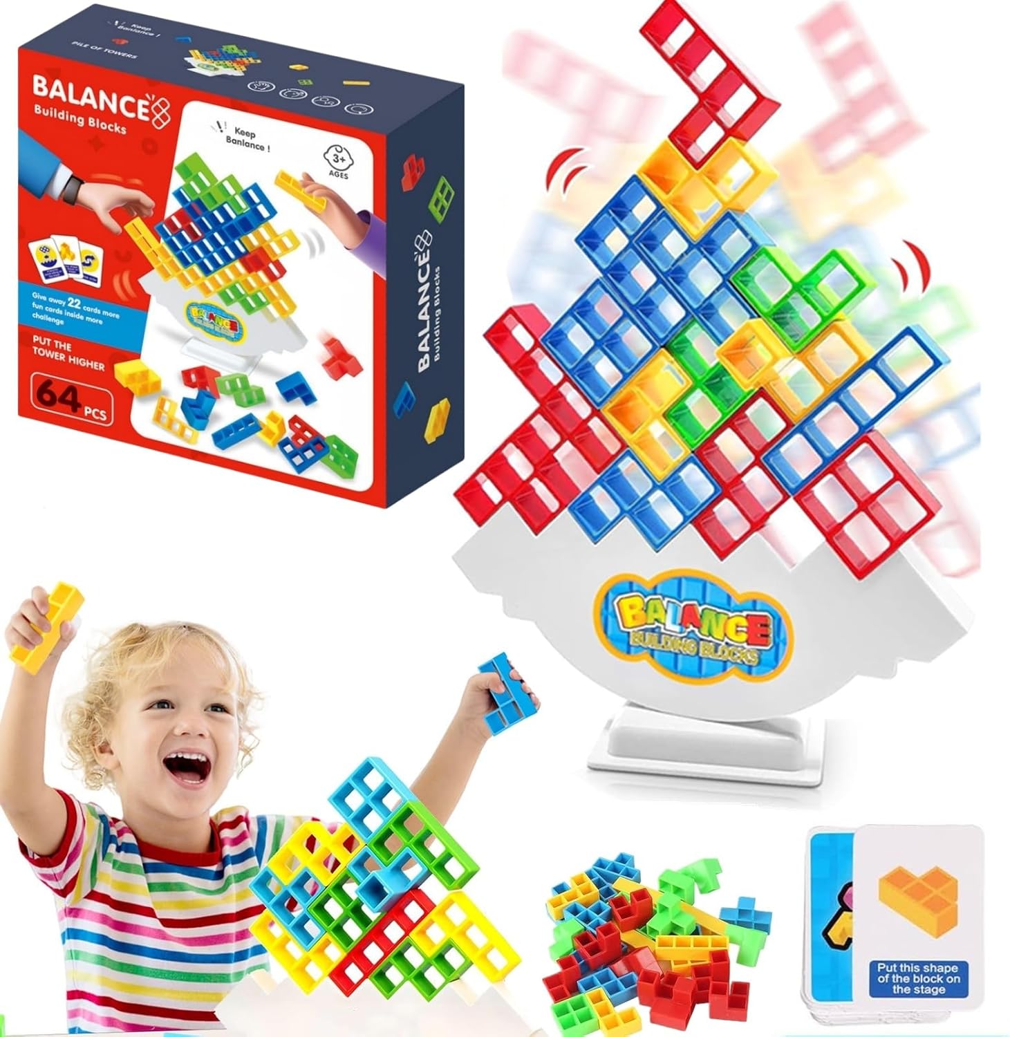 Winnsell 64Pcs Tetra Tower Balance Game,Tower Balance Building Toy Parent-Child Interactive Toy Balancing Stacking Toys Montessori Toy Gift for Kids Adults (64PCS)