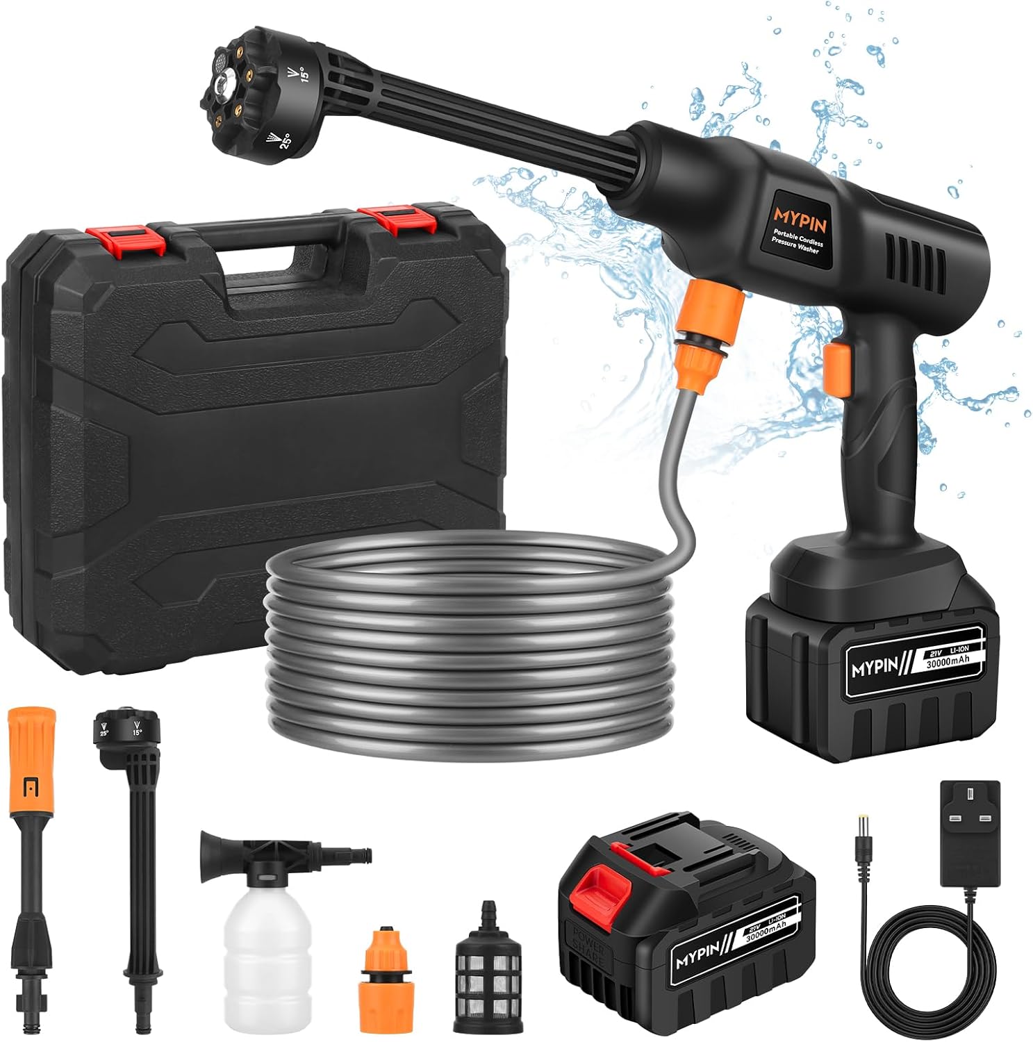 MYPIN Cordless Pressure Washer, Portable Pressure Washers, 6 in 1 Rechargeable Battery Pressure Washer, Cordless Jet Wash with 5M Hose, Cordless Power Washers for Patio and Car, Floor Garden Cleaning