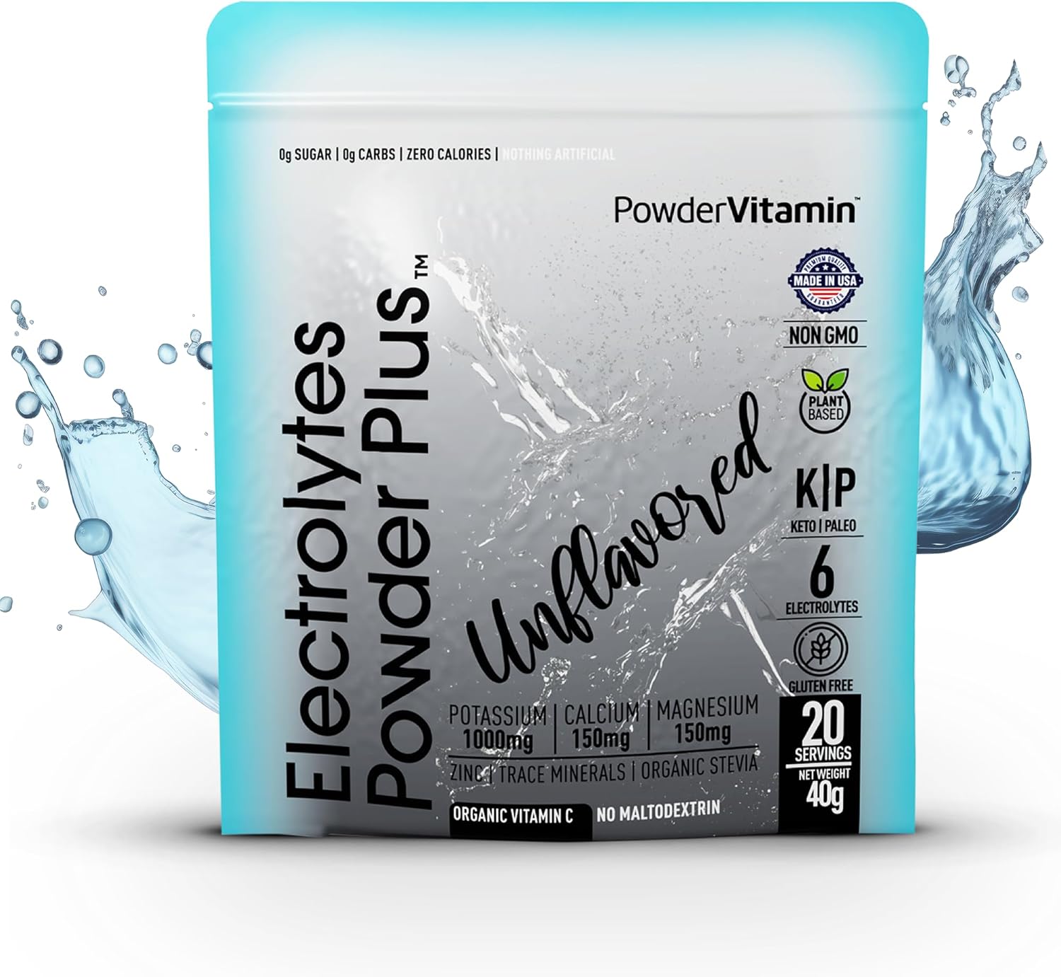Electrolytes Powder Plus (20 Servings) Unflavored Electrolyte Powder Keto, Sugar Free, Pink Himalayan Salt.,1000mg Potassium,150mg Calcium,150mg Magnesium, Hydration Powder NO STEVIA