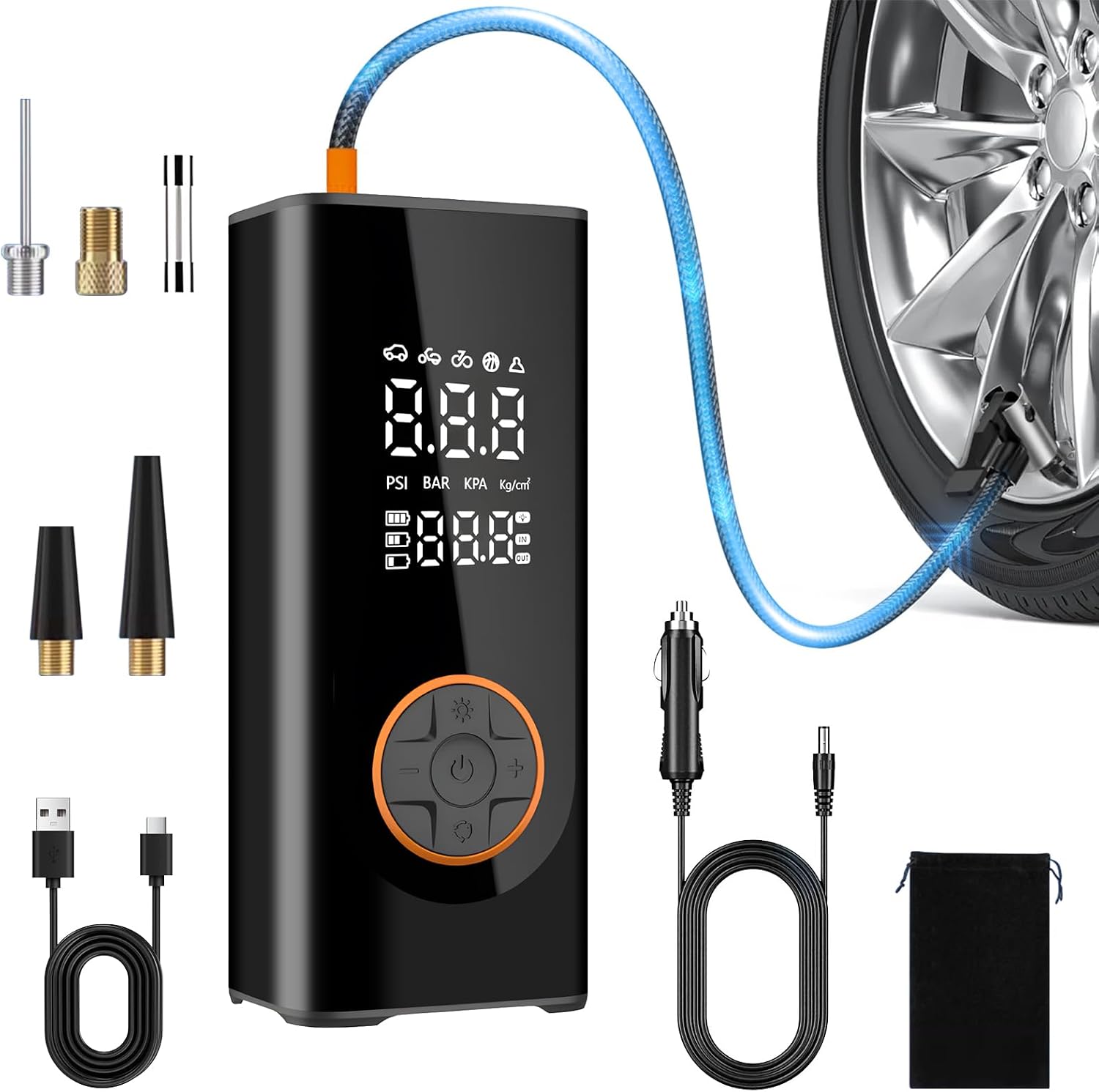 Cordless Car Tyre Inflator Air Compressor, Electric Mini Bike Pump with Digital Pressure Gauge 150PSI, Dual Value Display, LED Light, Portable Tyre Pump for Car, Bike, Motorbike, Ball