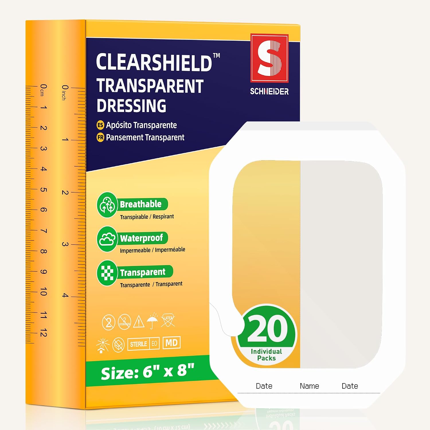 Transparent Film Dressing, Breathable Clear Patch, 6" x 8", 20 Pack