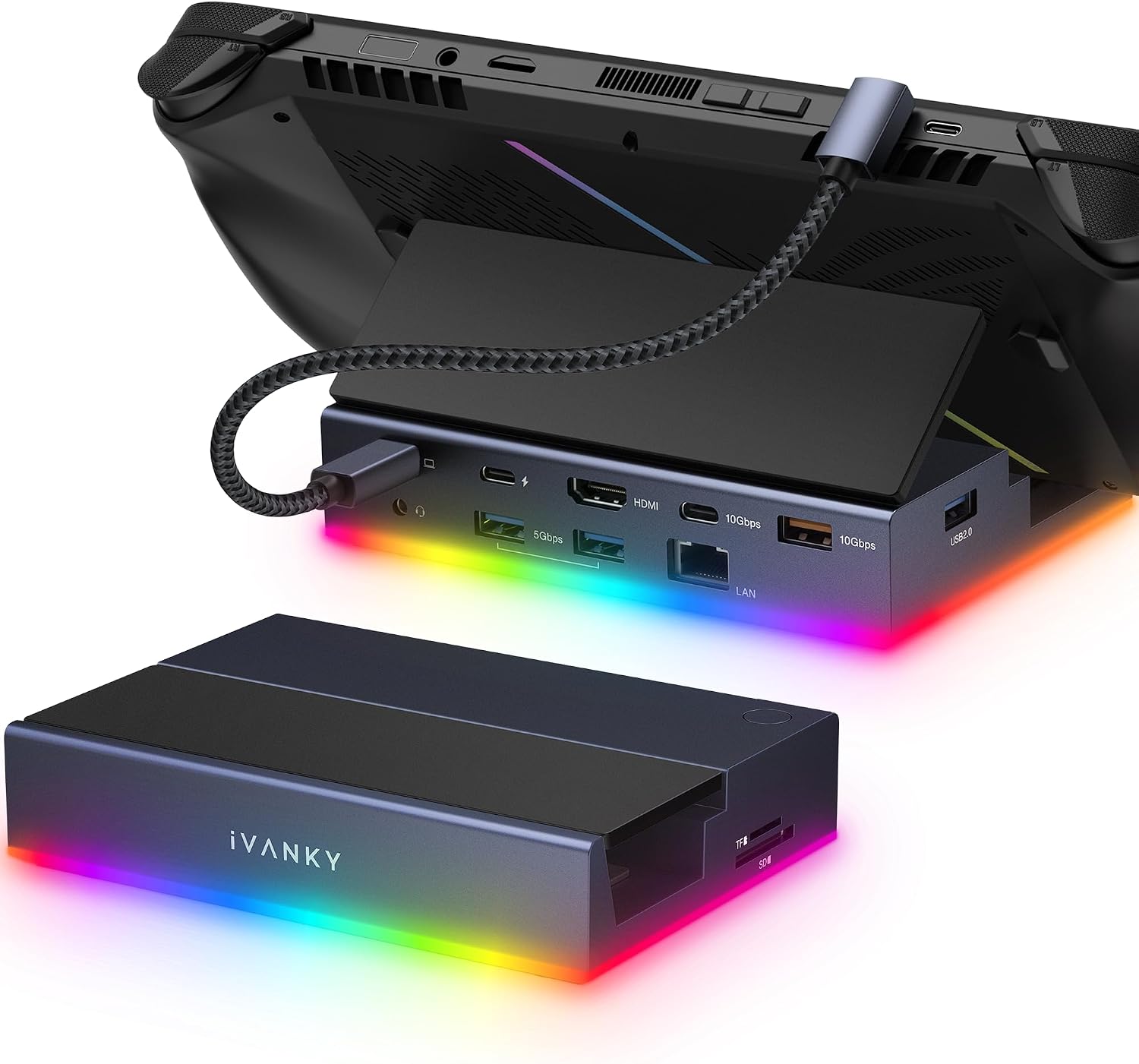 iVANKY 14-in-1 RGB 4K@144Hz Docking Station for Steam Deck OLED/ROG Ally X/Lenovo Legion Go S, Foldable Dock with HDMI Gigabit Ethernet 10Gbps USB 3.2, SD/TF Slots, 1Gbps Ethernet, 100W USB-C Charge