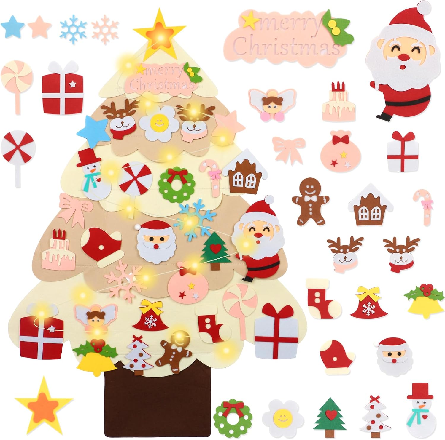 LAMPTOP 3.2 Foot Felt Christmas Tree for Kids, 30Pcs Detachable Christmas Tree Ornaments with Lights Wall Decor Door Hanging Christmas Tree Set, DIY Xmas Gifts Decorations