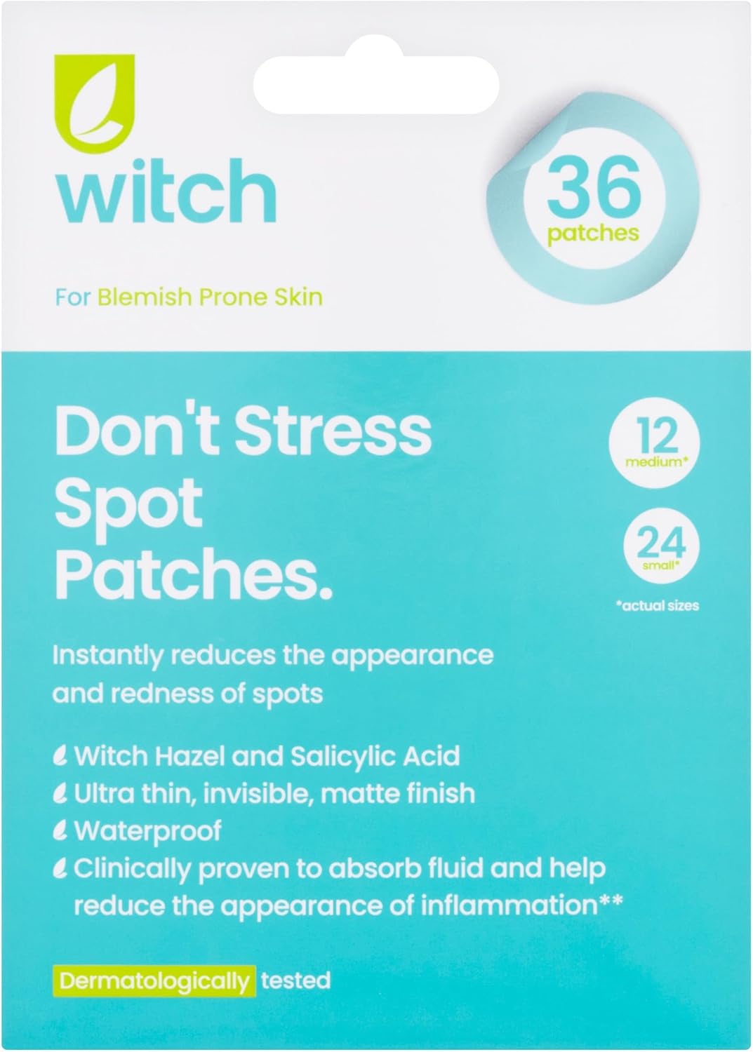 Witch Don't Stress Spot Patches, with Witch Hazel and Salicylic Acid, Helps Reduce Redness and Inflammation. 36 Patches