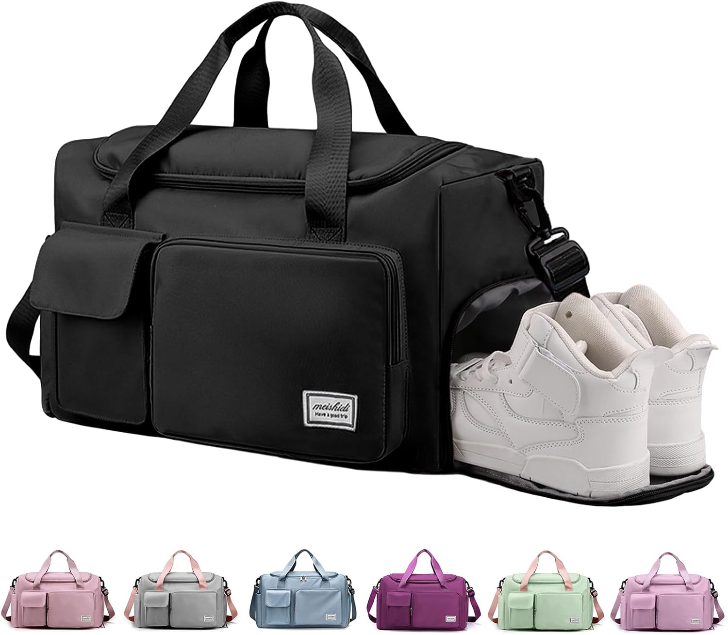RainFlowwer Travel Duffel Bag Women Men，Sports Gym Bag w/ Shoes Compartment，Waterproof Travel Bag Overnight Bag w/ Dry Wet Separated Pocket，Carry Luggage Bag Weekender，Sports，Gym，Travel (Black)