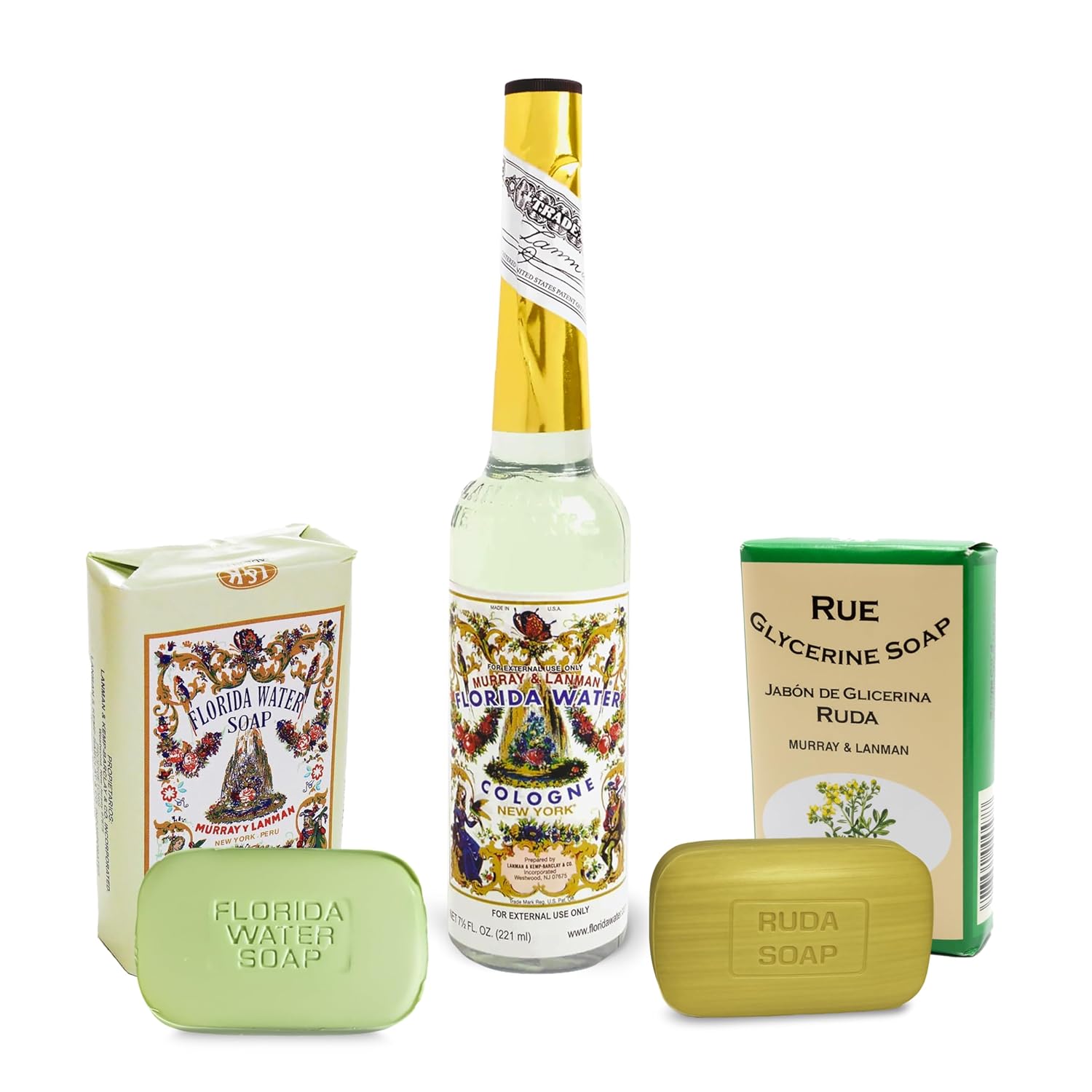 Murray & Lanman Florida Water Cologne 7.5 oz Bundle with Florida Water Soap 3.35 oz and Rue Glycerine Soap 3.35 oz (3 Items)