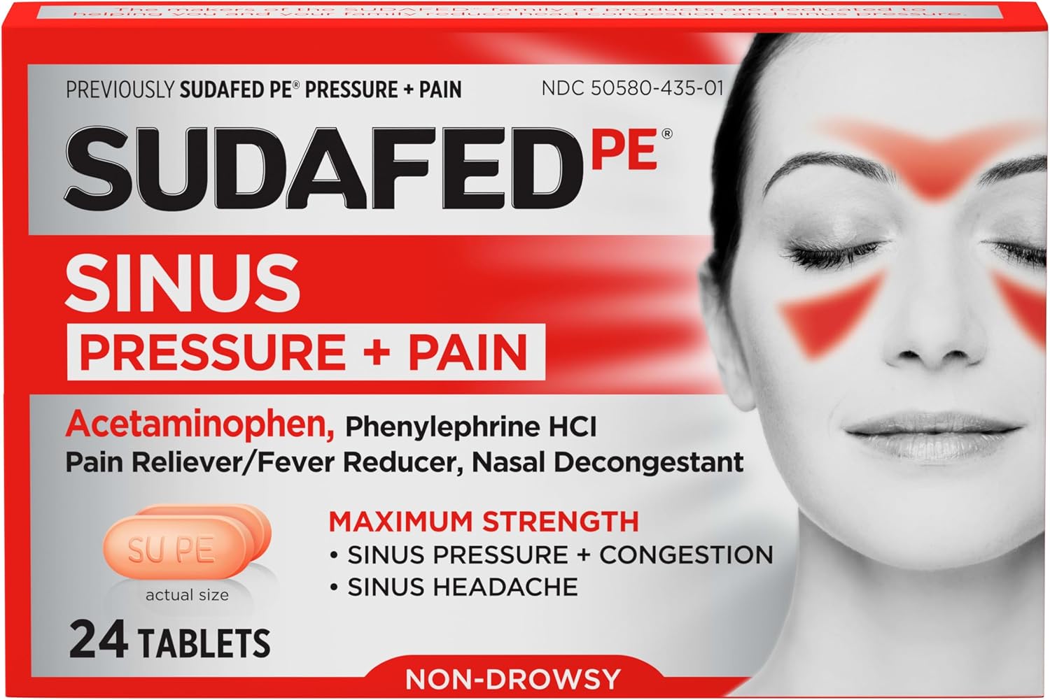 Sudafed PE Sinus Pressure Relief Plus Pain Relief Tablets, Maximum Strength, Non-Drowsy Decongestant, OTC Sinus Medicine with Acetaminophen and Phenylephrine HCl Nasal Decongestant, 24 CT