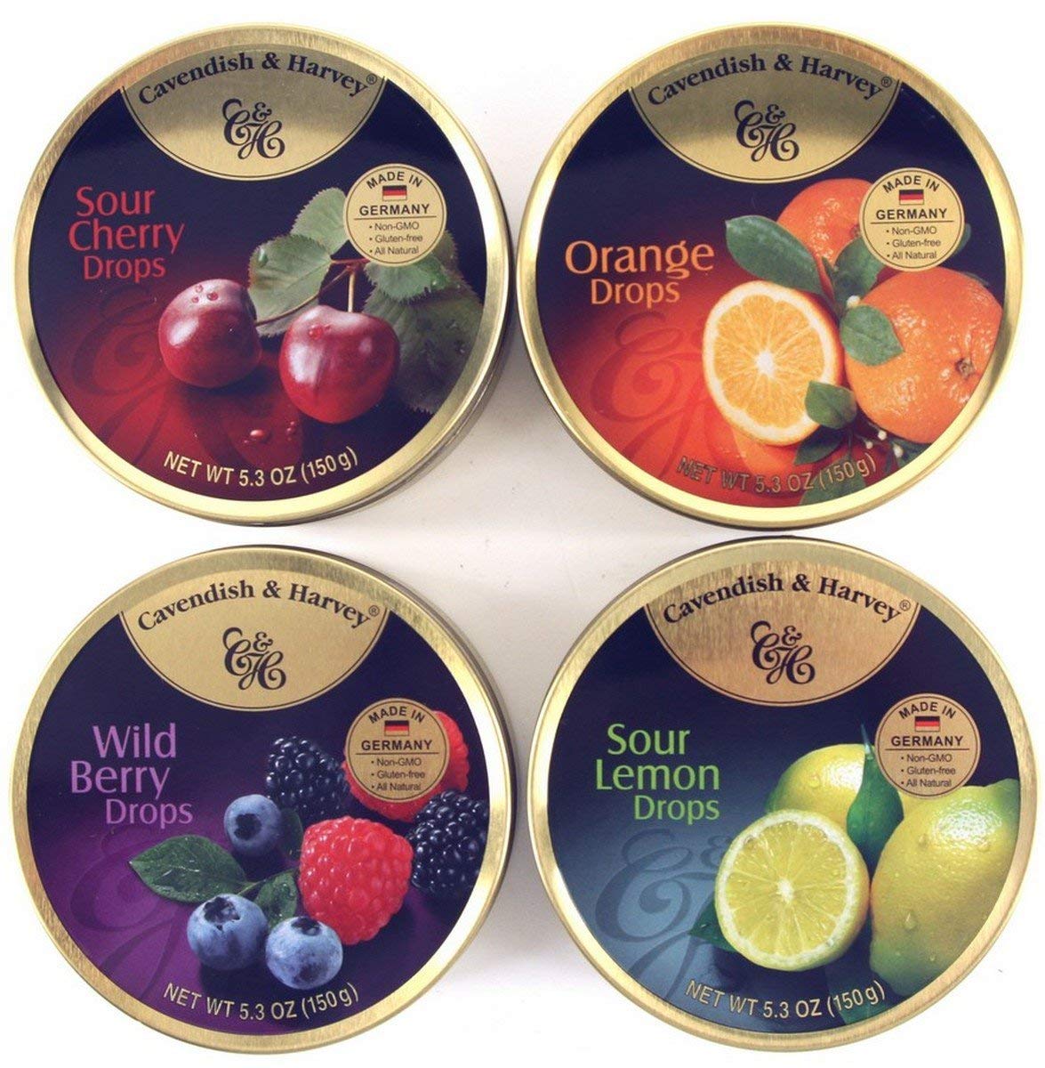 Cavendish & Harvey | Variety Flavor Hard Candy Drops | Orange, Wild Berry, Sour Lemon, & Sour Cherry | 5.3 Ounce Tins - 4 Pack