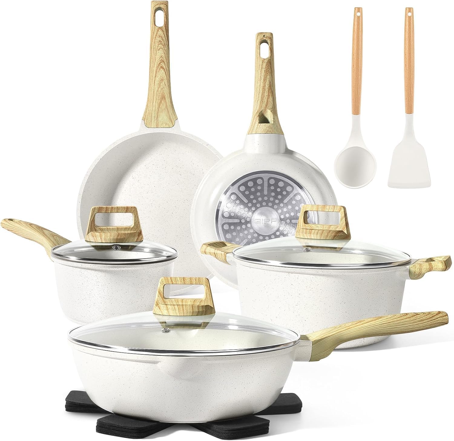 GiPP 14-Piece Granite Pot and Pan Set with Non-Stick Coating, 20 + 24 + 28 cm Pans, 16 + 24 cm Saucepan Set, Induction Cookware Set with Spatula and Spoon, for All Types of Cookers, White