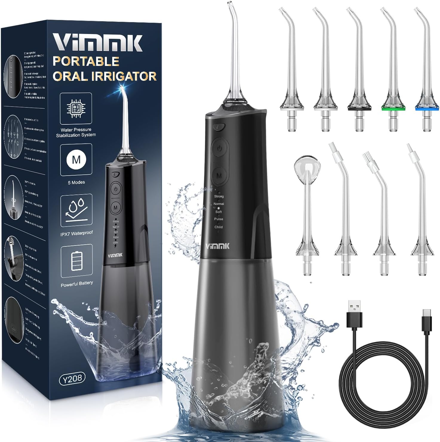 Water Flosser, Cordless Water Dental Flosser, 9 Jet Tips 5 Modes 300ML IPX7 Waterproof, Portable Rechargeable Oral Irrigator for Home Travel - Gums, Orthodontic, Braces Care - Black