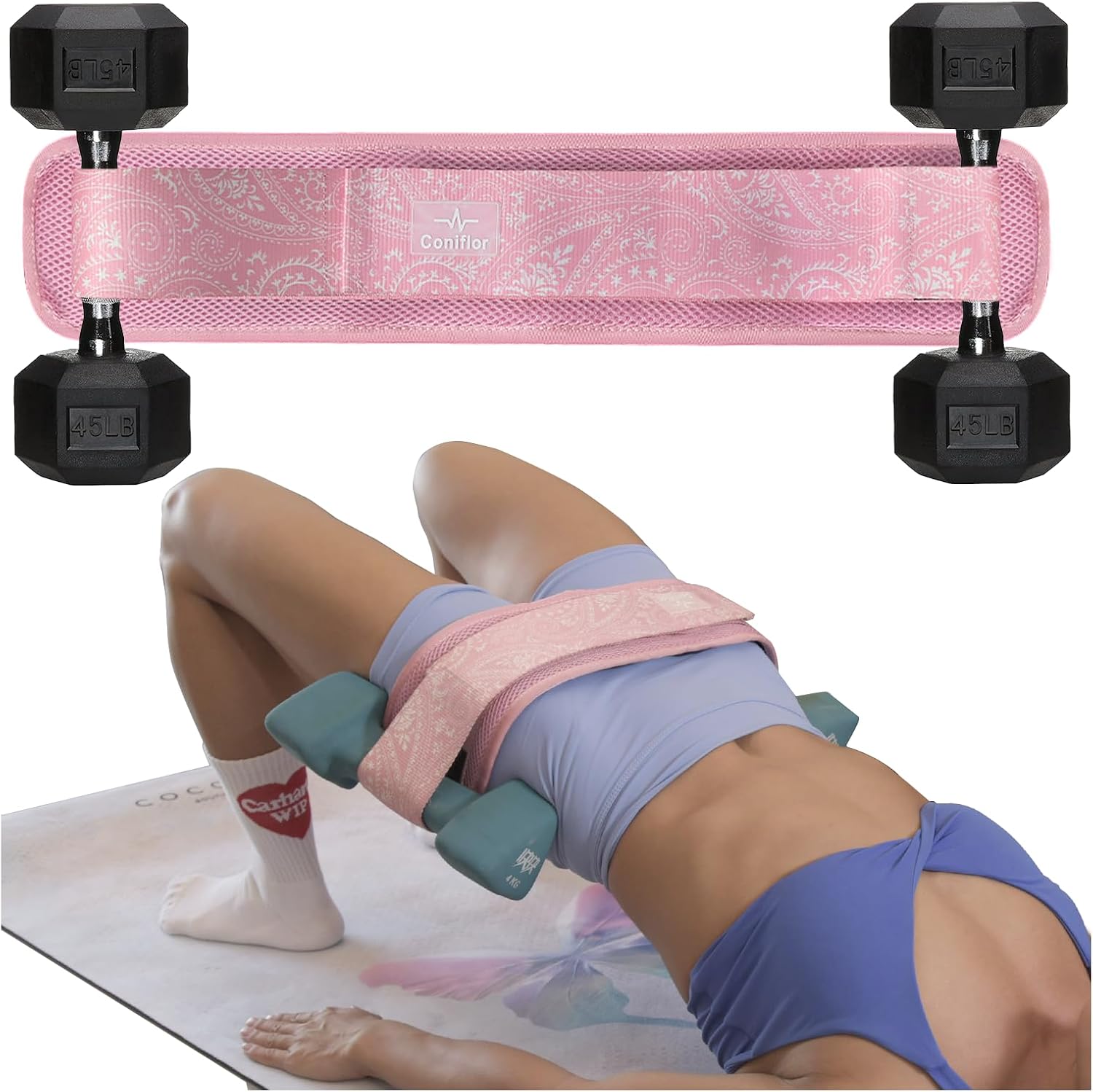 Hip Thrust Belt - Adjustable Fitness Belt for Dumbbells, Kettlebells, Weight Plates - Support Up to 100 lbs - Upgrade Slip-Resistant Pad for Safe and Comfortable Glute Workouts at Home or Gym