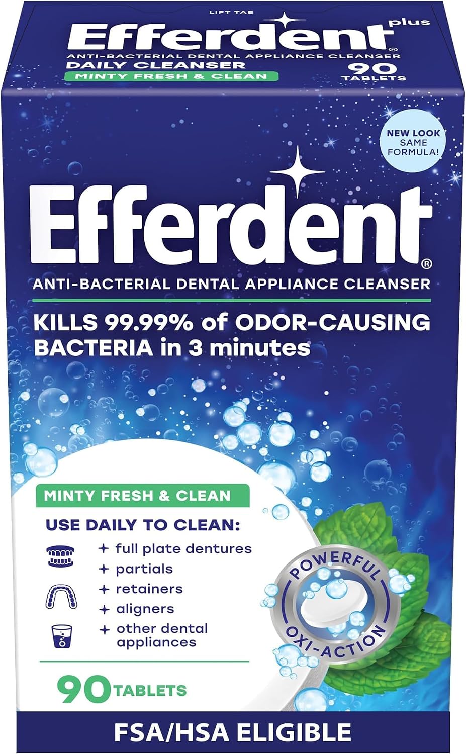 Efferdent Denture Cleaner Tablets – Dental Appliances, Aligners, Mouth Guard, and Retainer Cleaner Tablets, Minty Fresh & Clean, 90 Count (Pack of 6)