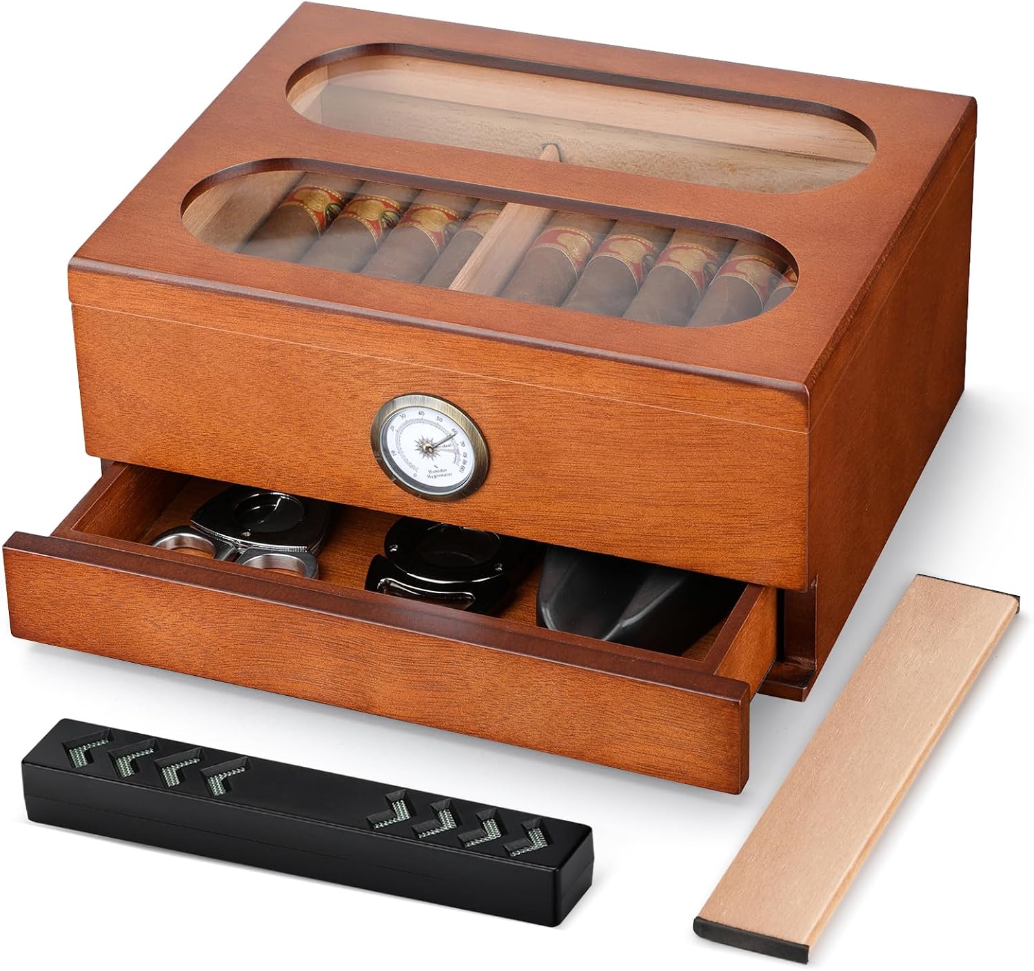 COOL KNIGHT Cigar Humidor with Front Hygrometer, Humidifier and Accessory Drawers-Tempered Glass Top Cigar Humidor Box - Spanish Cedar Humidor-Desktop Humidor that can Hold 20-35 Cigars.
