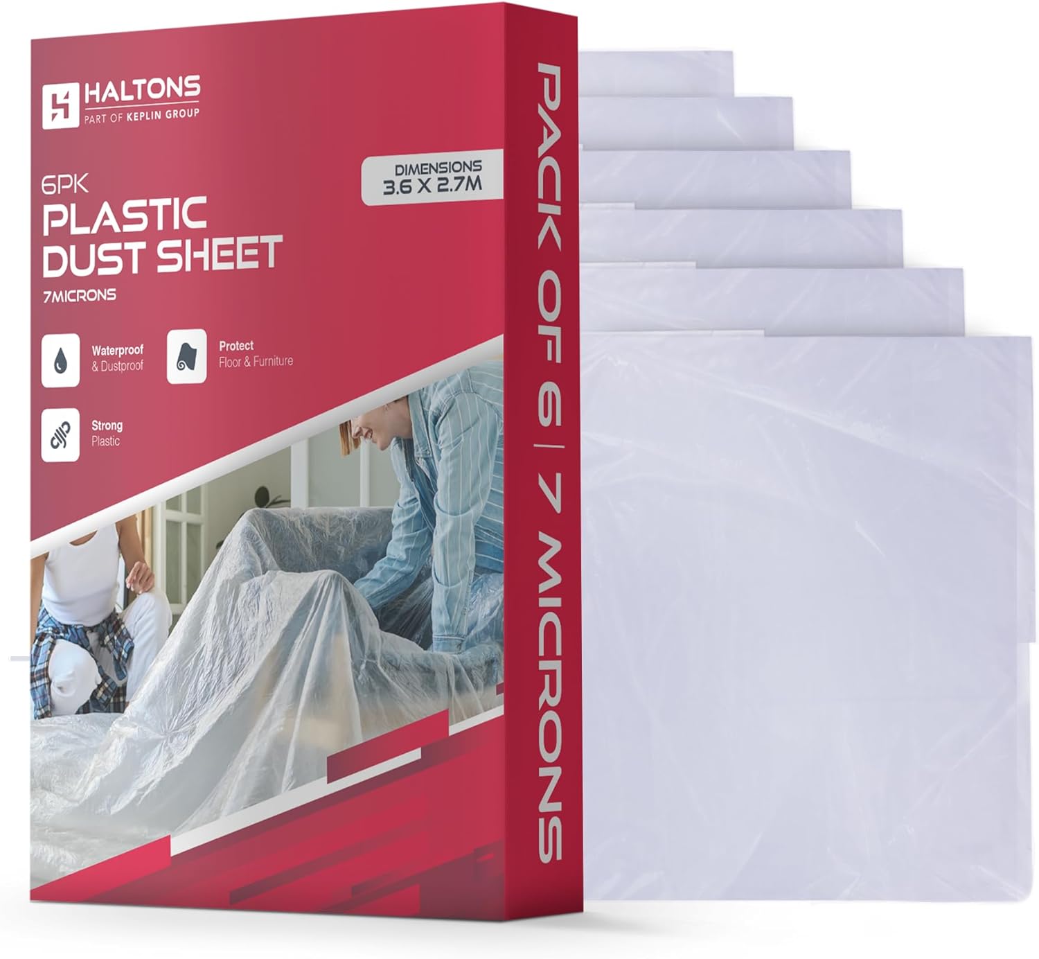 Haltons 6 Pack White LDPE Dust Sheets (3.6x2.7m, 7μm), Durable Plastic Dust Sheet for Decorating, Furniture & Floor Protection, Plastic Sheet for Painting, Renovation, and Debris Covering