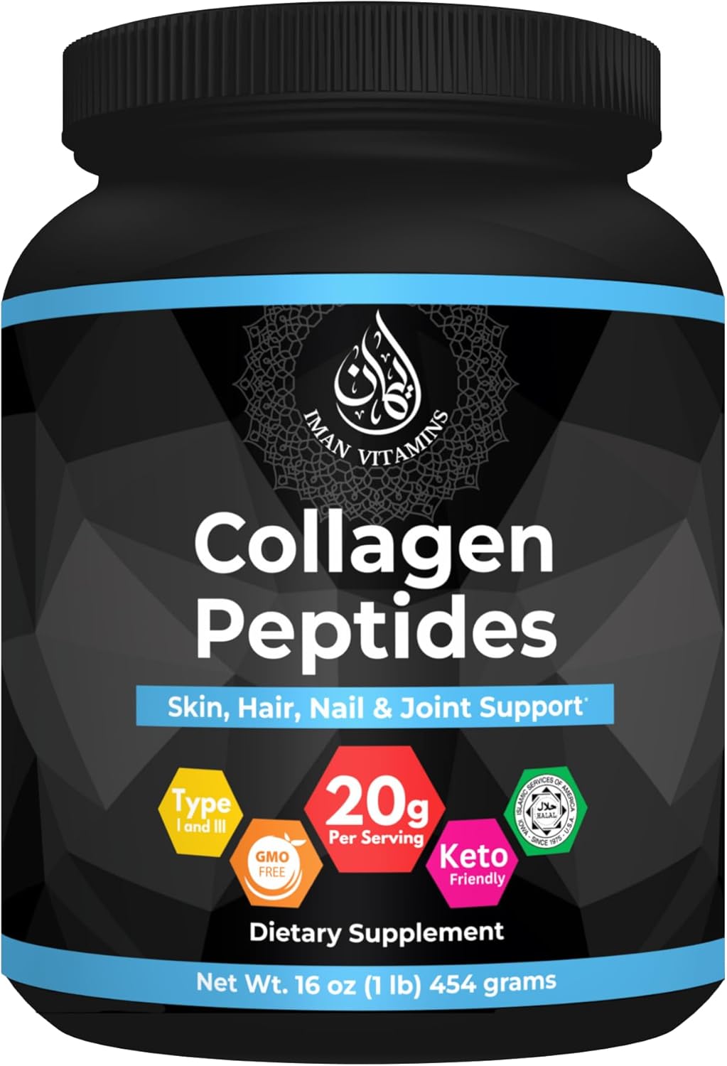 Halal Collagen Peptides Powder, 1 lb, Non-GMO, Keto Friendly, 18g Protein, Skin, Hair, Nail and Joint Support, 20 Grams of Collagen Per Serving, 16oz