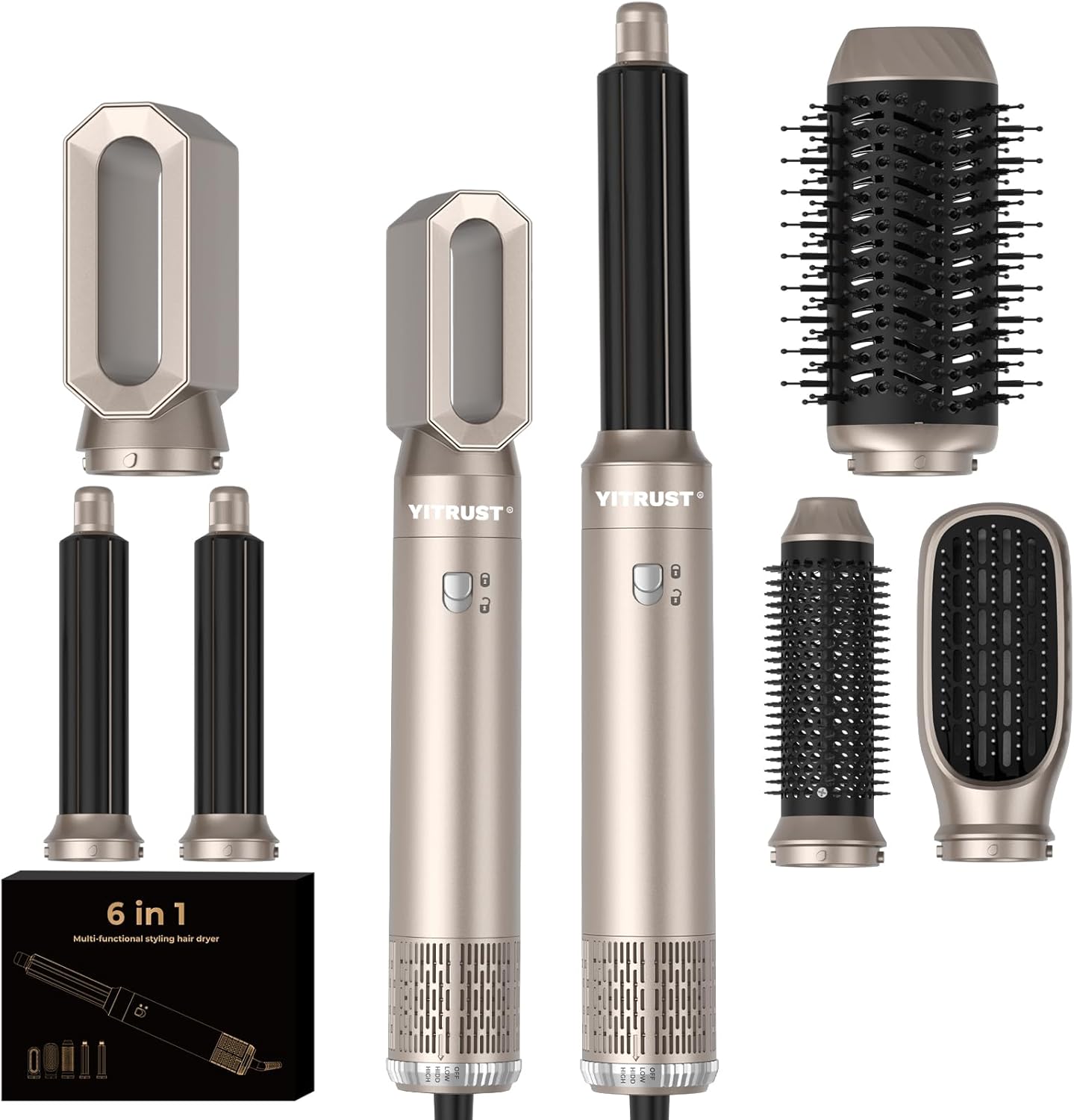 6 in 1 Blow Dryer Brush 60000RPM Hair Dryer Brush Detachable Air Curler Wrap Styler Professional Hot Air Brush Round Brush Blow Dryer Hair Styling Tools (Champagne)