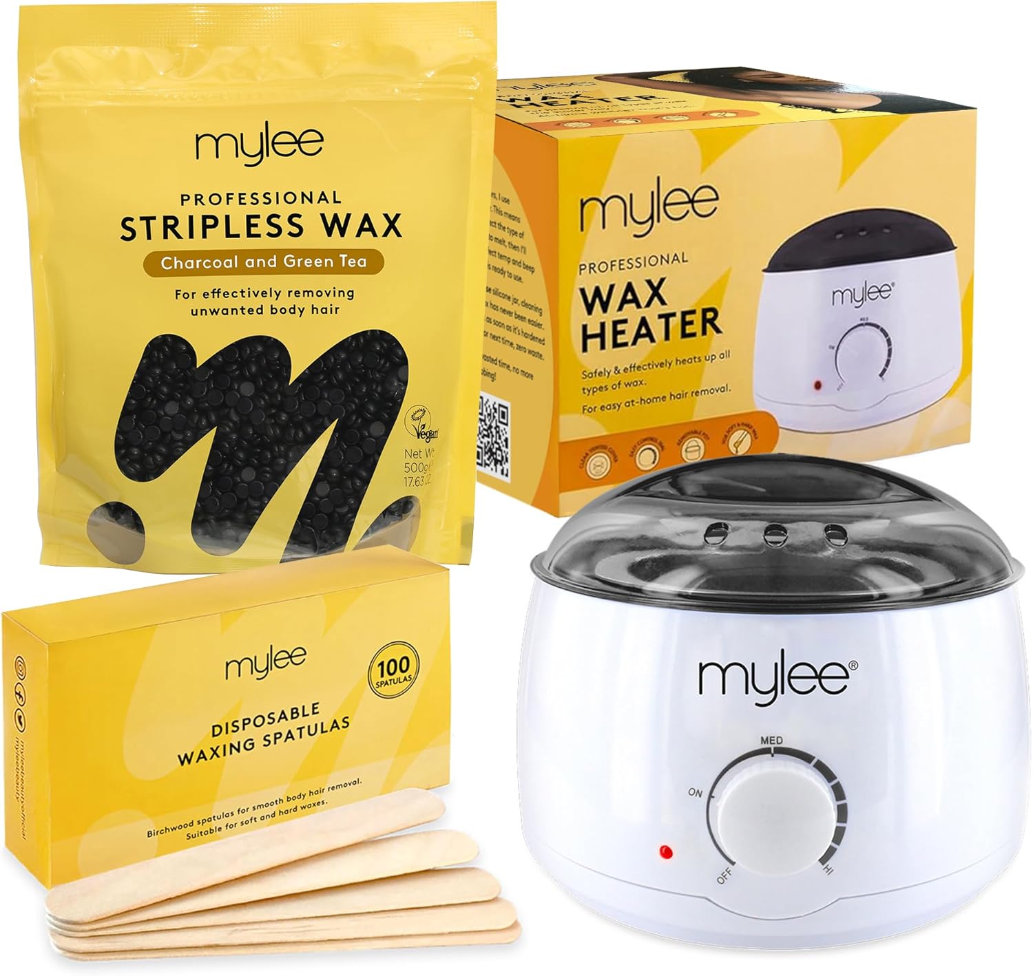 Mylee Professional Waxing Kit for Women & Men – Electric Wax Pot Heater, 100 Spatulas & 500g Premium Italian Stripless Hard Wax Beads – Complete Hair Removal Set (Charcoal & Green Tea)