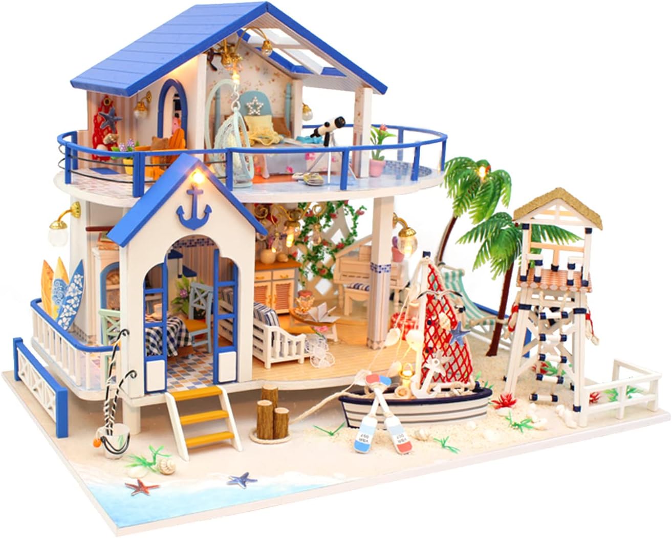 Sonew DIY Miniature Dollhouse Kit, Blue Sea Theme Wooden Dollhouse with Furniture and LED Light, Birthday Gift for Children and Adults