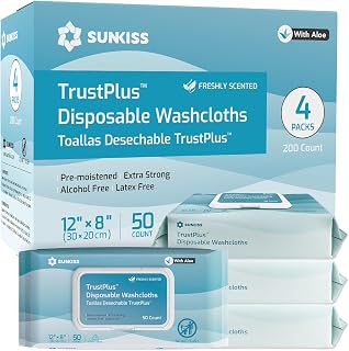 SUNKISS Trustplus Wet Wipes for Adult, Extra Thick 8"x12" Body Cleaning Wipes with Aloe for Incontinence & Cleansing, Fresh Scent, 200 Count (4 Packs of 50)