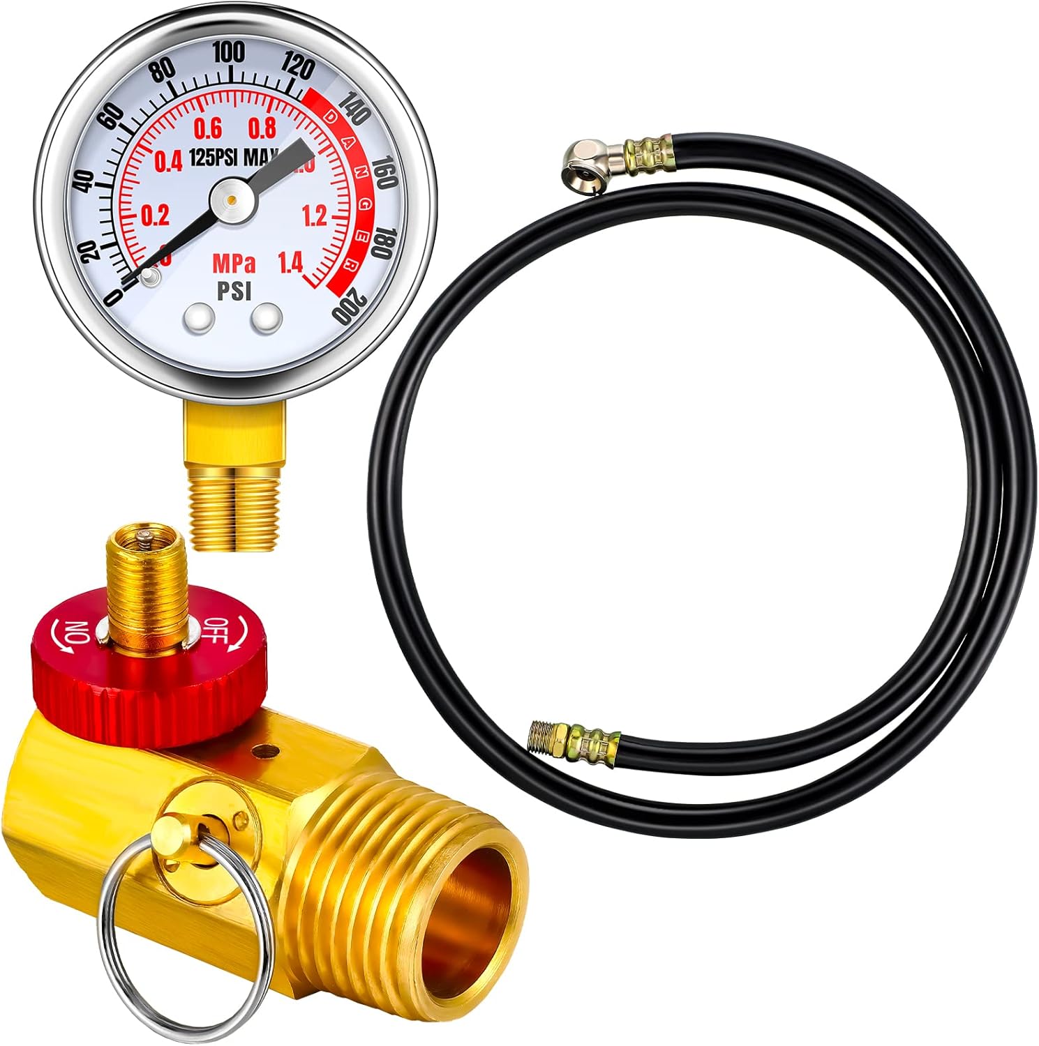 Peryiter Air Tank Repair Kit Including Safety Valve, 0-200 PSI Pressure Gauge and 4 Feet Air Tank Hose Assembly Kit(Black)