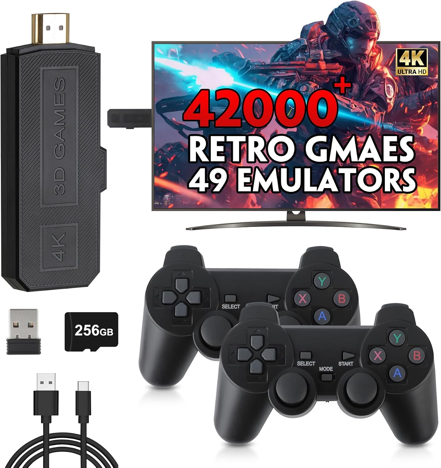 Wireless Retro Game Console Stick, 4K Plug & Play TV Video Game Stick, Pre-Installed 42,000+ Games, 49 Emulators, 256GB Memory Card, with Dual 2.4G Wireless Controllers, HDMI Output