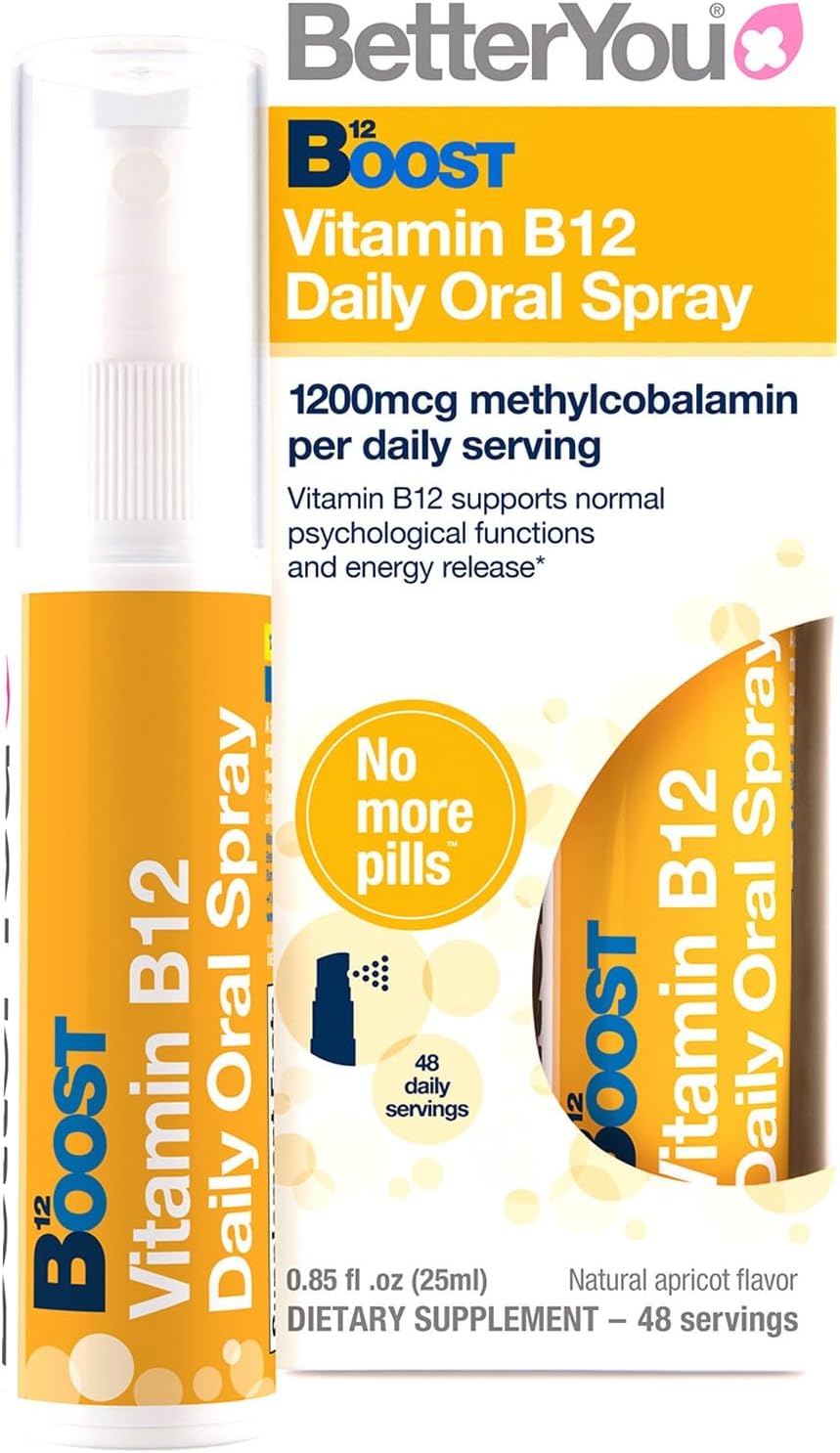 BetterYou Vitamin B12 Oral Spray, High Strength Methylcobalamin Supplement, 1200mg per dose to Boost Energy, Natural Apricot Flavour, 48-Day Supply