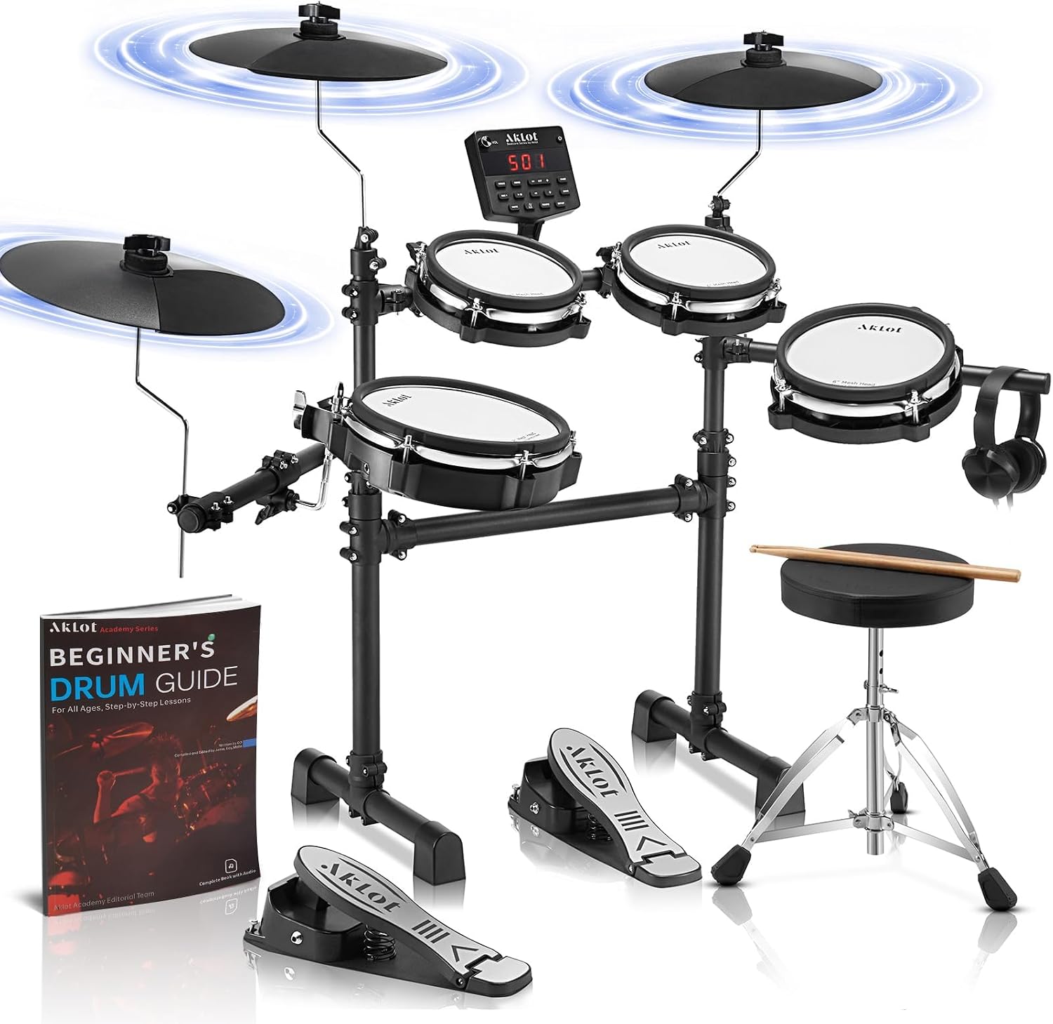 AKLOT B-CORE530 Electric Drum Set: Dual-Zone Quiet Mesh Drum Pads, 10’’ Dual-Trigger Cymbals, Height-Adjustable Rack, 360 Sounds, USB MIDI, Lesson Book, Throne, Sticks, Headphones