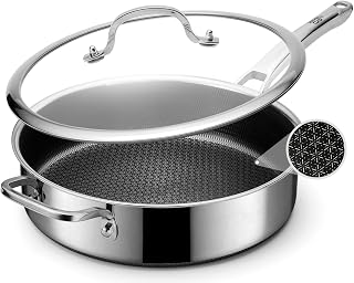 Frying Pans Nonstick with Lid,Hybrid Non Stick 5 Quart Saute pan,PFOA Free Cookware,Stainless Steel skillet,12 inch Deep Saute Pan,Dishwasher and Oven Safe,Works on Induction,Ceramic and Gas Cooktops