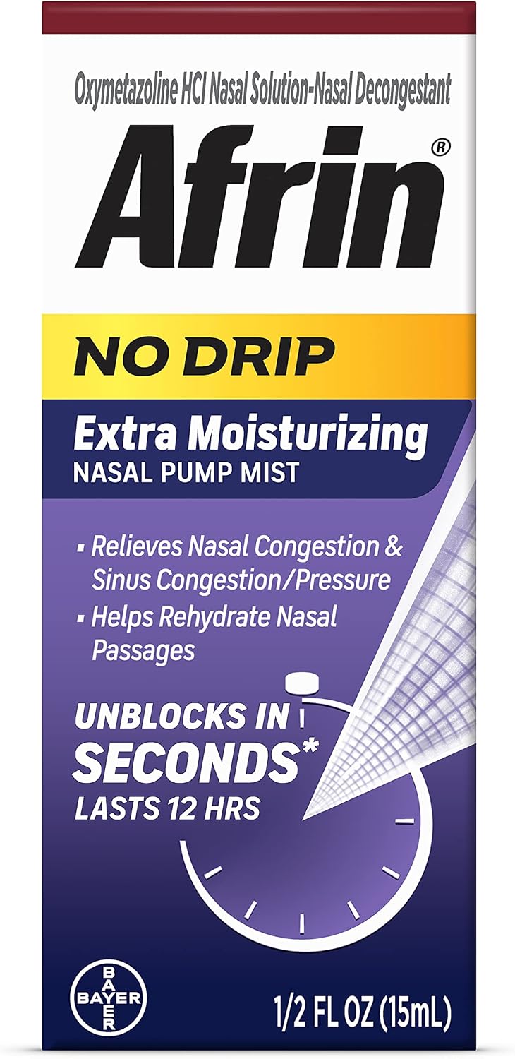 Afrin No Drip Extra Moisturizing 12 Hour Nasal Congestion Relief Pump Mist, Sinus Spray Decongestant - 15 mL