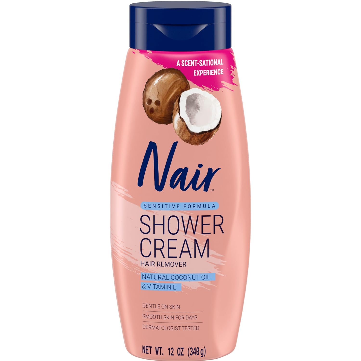 Nair Sensitive Shower Hair Removal Cream, Coconut Oil & Vitamin E, 12 Oz | Sensitive Skin Formula, Quick & Easy Body Hair Removal, Legs, Arms & Underarms, Smooth & Soft Skin