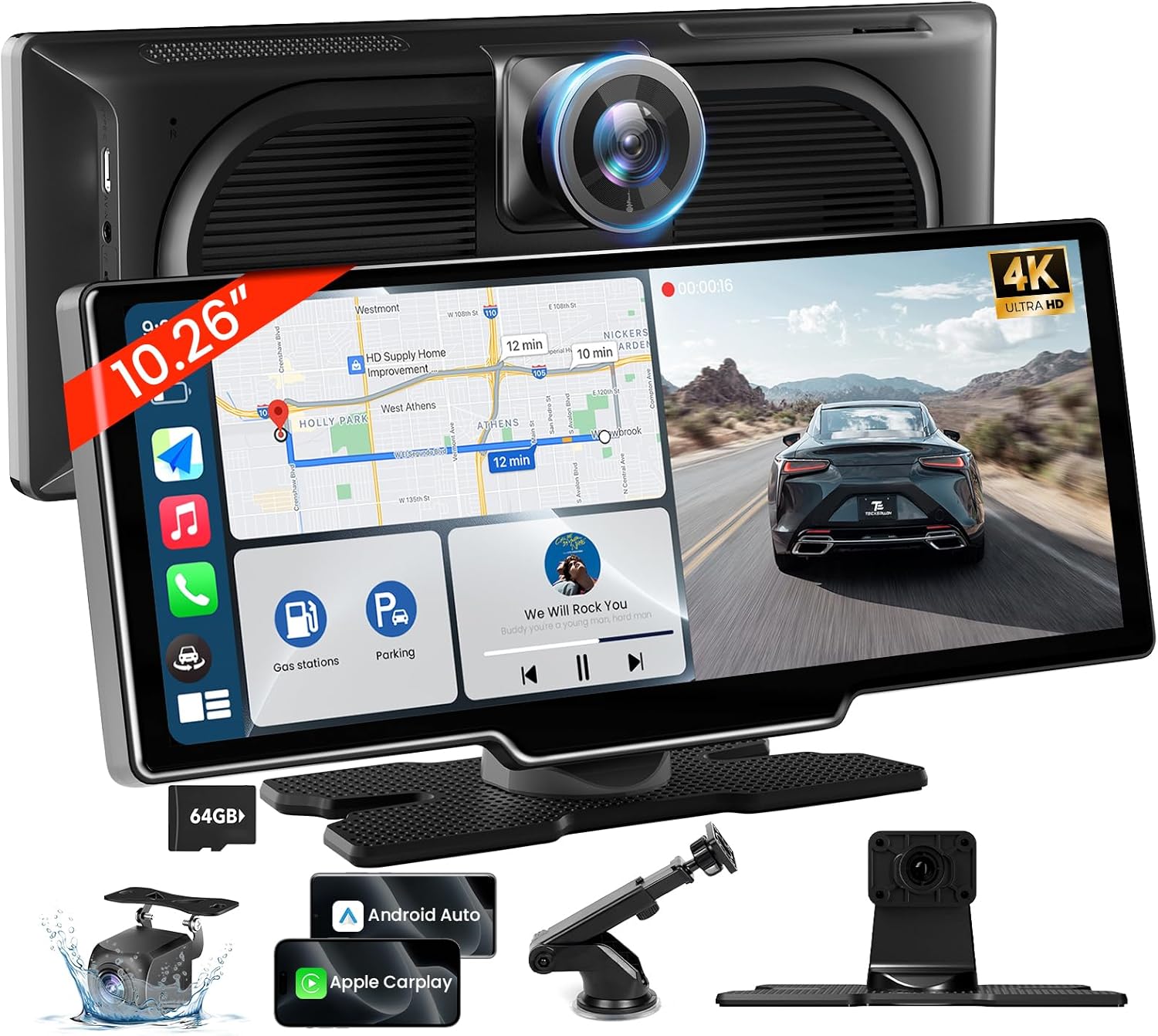 TECXERLLON 10.26'' Wireless Carplay & Android Auto, Apple Car play Screen for Car Tablet with 4K Front & 1080P Rear Camera, Android Auto Touchscreen, 64G with GPS Navigation, Airplay, Mirror