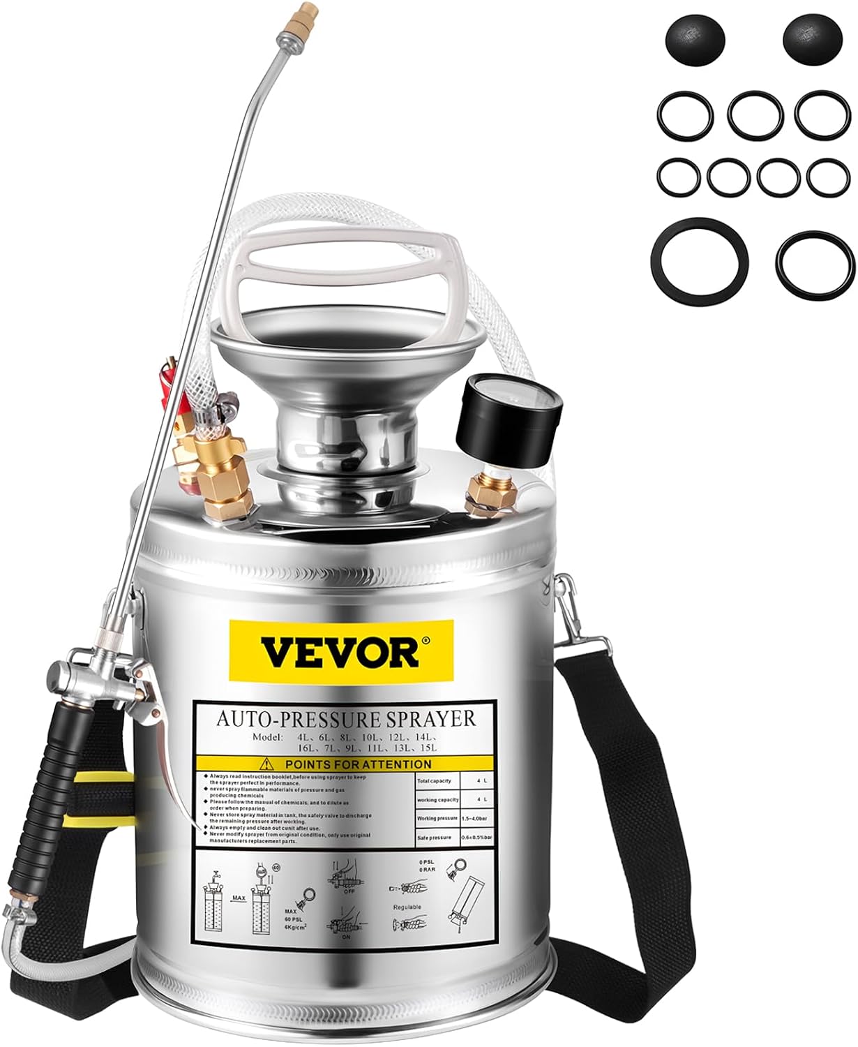 Happybuy 1 Gallon Stainless Steel Pump Sprayer, 12" Wand & 3FT Reinforced Hose, Pressure Gauge, Safety Valve & Adjustable Nozzle, Garden Weed Sprayer for Lawn, Gardening, Sanitizing