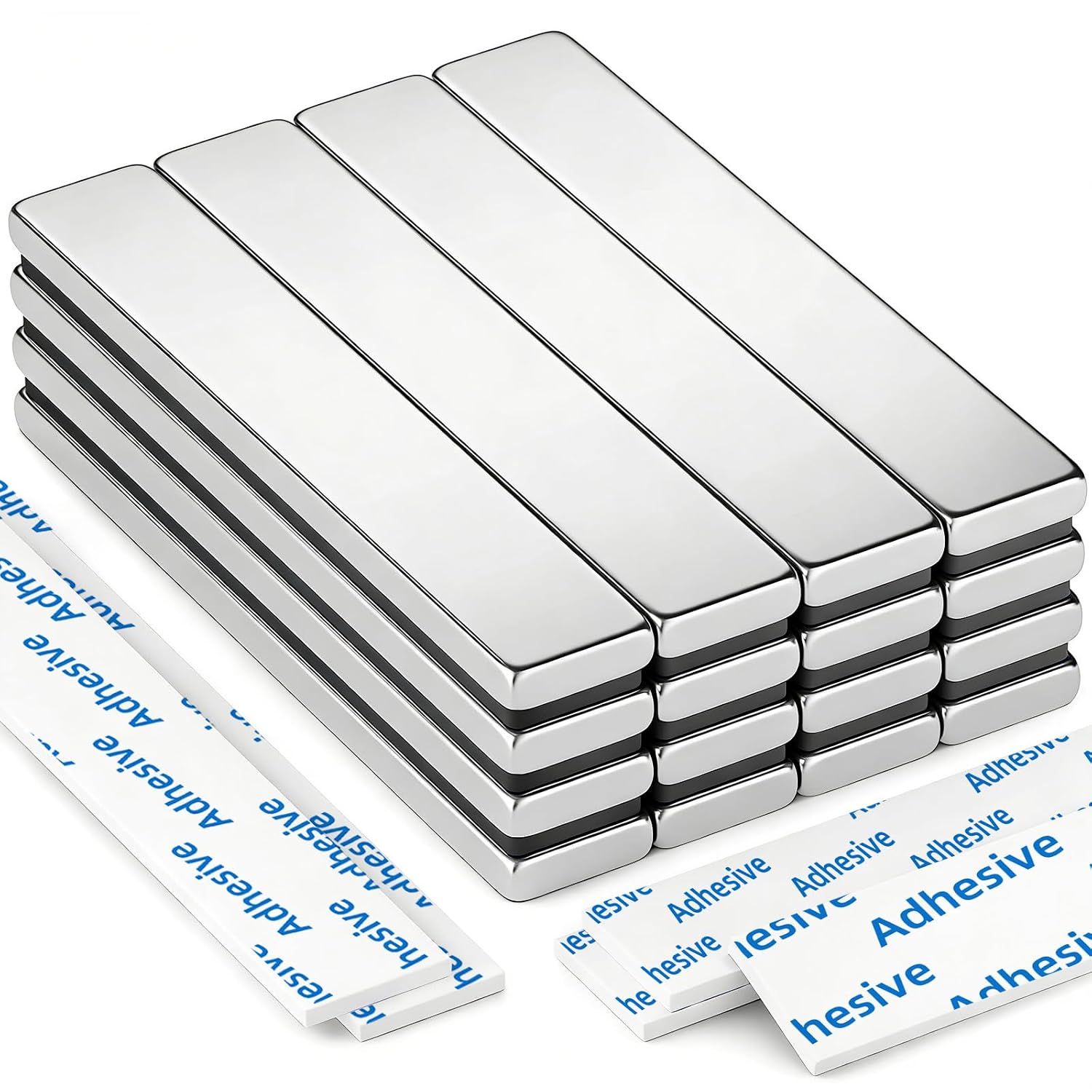 16 Pack Strong Magnet, Neodymium Magnetic Bar, 60 x 10 x 3 mm | Rare Earth Magnet, Bar Magnets, Extremely Powerful Magnets with 16 Pcs Double-sided Adhesive for Multi-Use