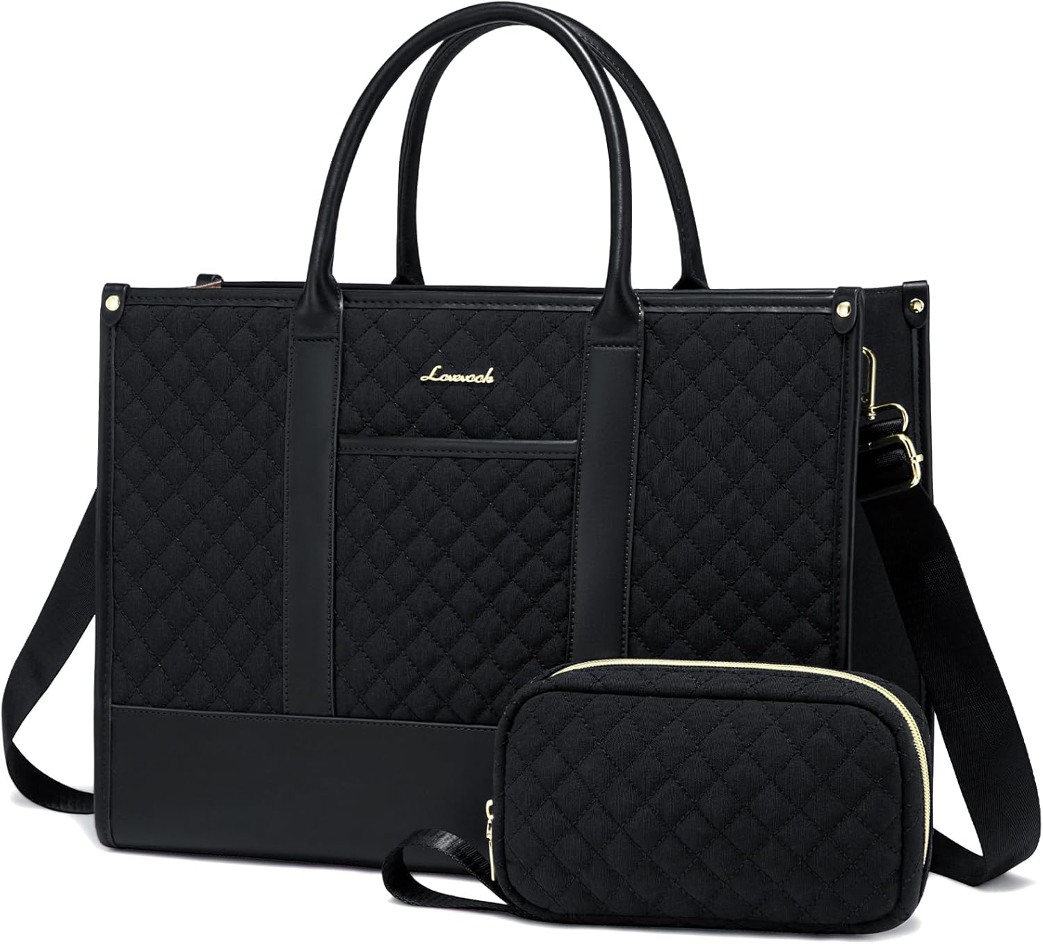 LOVEVOOK Handbags for Women Laptop Bags 15.6 Inch, Ladies Tote Bag for Work Office Business School, Large Womens Shoulder Bag with Adjustable Straps & Clutch Bag Lightweight, Black