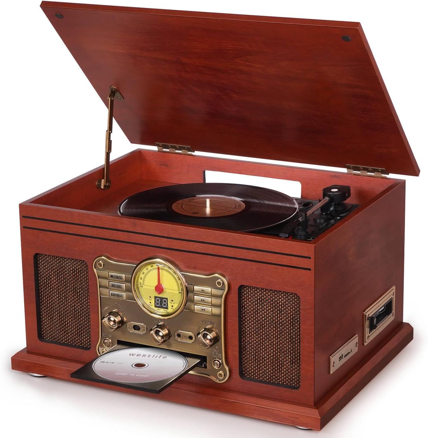Bluetooth Record Player 10 in 1, 3-Speed Turntable for Vinyl with Speakers, LP to MP3 Converter, CD, Cassette Player, FM Radio, Wireless Streaming | Mahogany