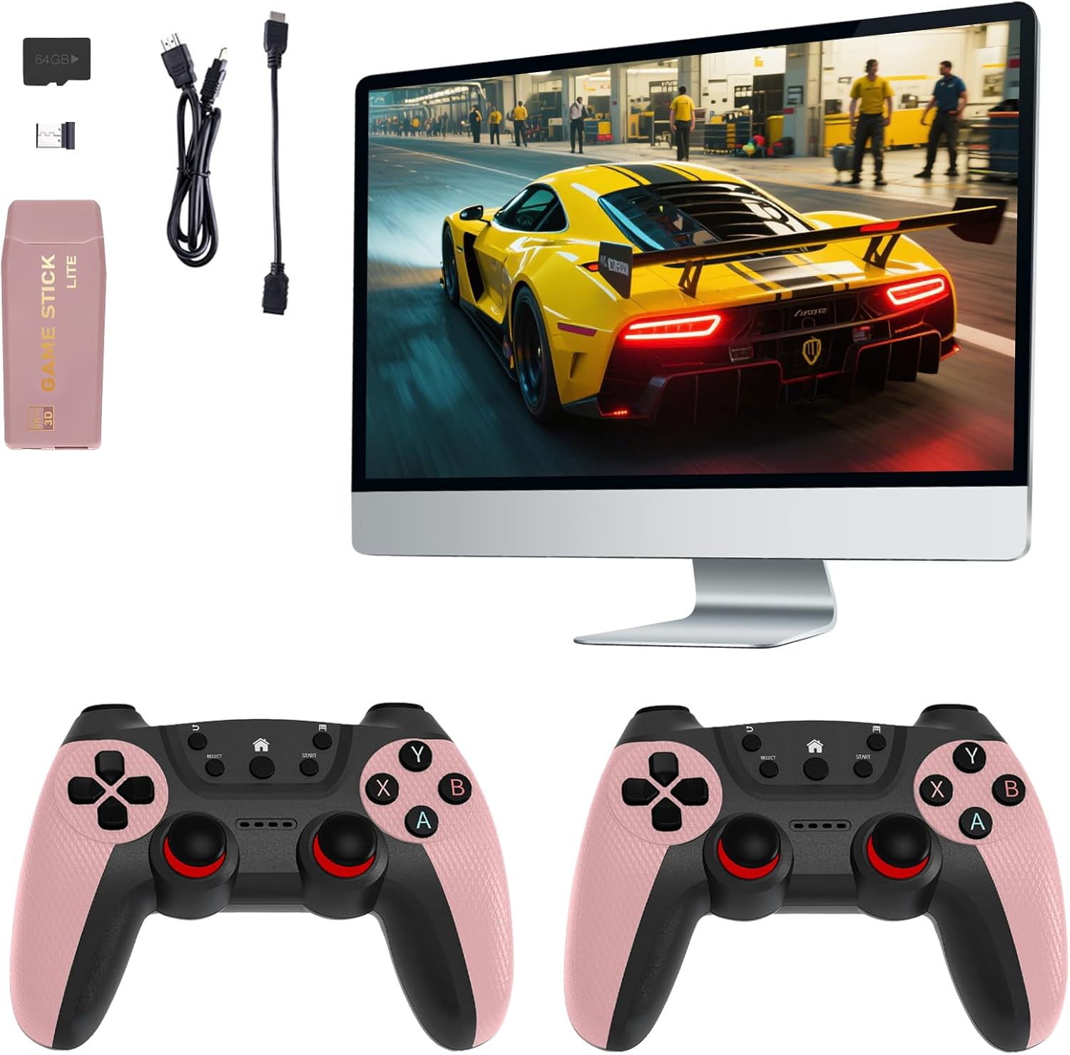 Sentk Wireless Retro Video Game Console - Plug & Play TV Video Gaming Stick,8K HDMI Output, 64G TV Game Stick, Dual 2.4G Wireless Controllers, Retro Games Console Handheld Emulator Controllers-Pink