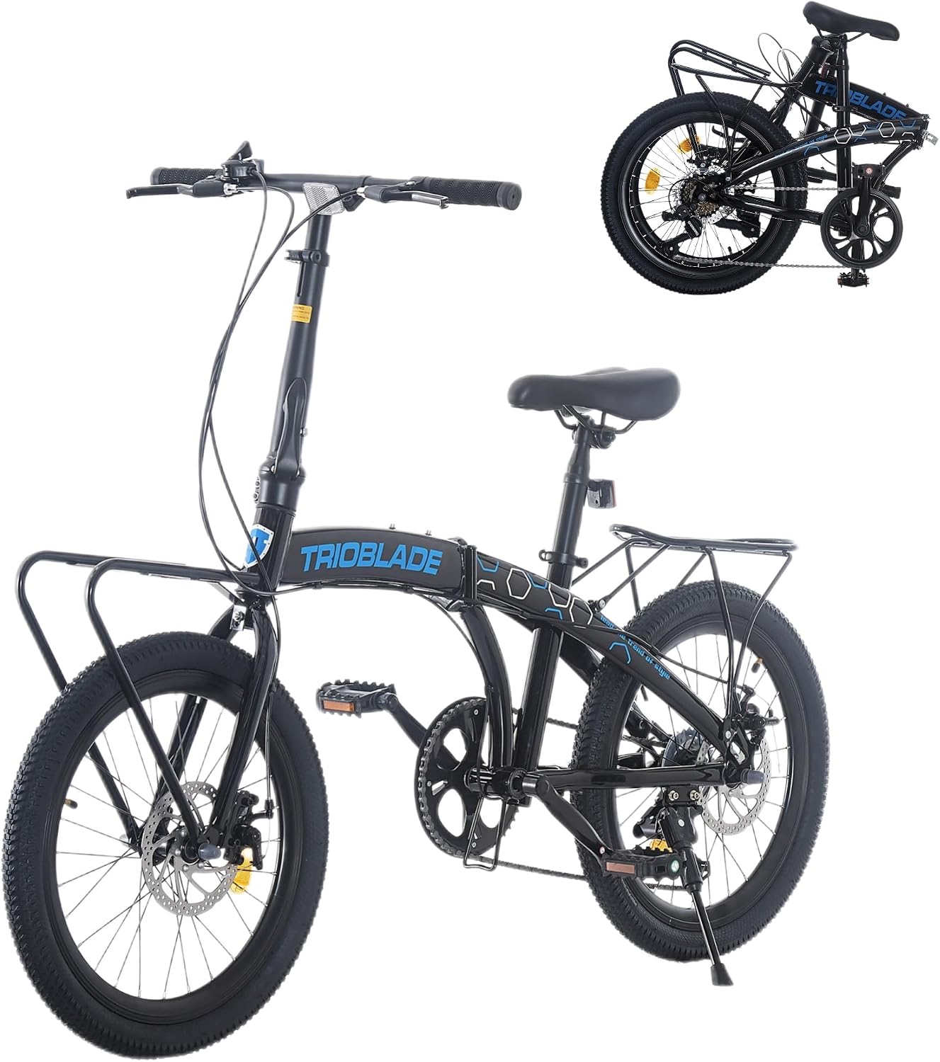 Folding Bike, 20Inch Bike with 2 Rack Foldable Bicycle 7 Speed Shimano Drivetrain Road Bike Disc Brake City Bike Lightweight Portable Bike for Ladies Men Teenager
