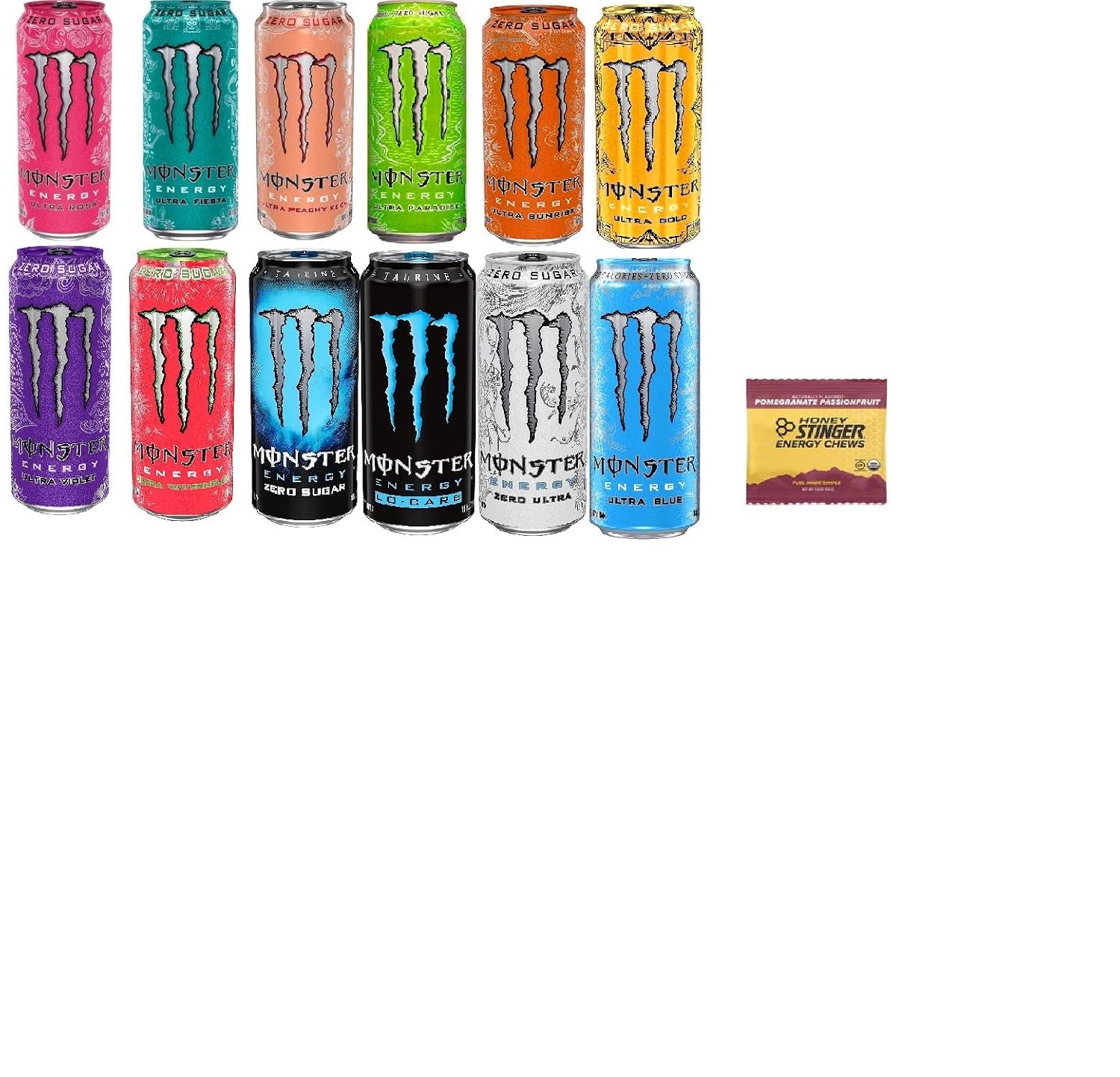 Monster Beverage Company Monster Energy Drink Variety -Low Calorie Pack - 16 ounce Pack of 12 + Stinger Energy Chews