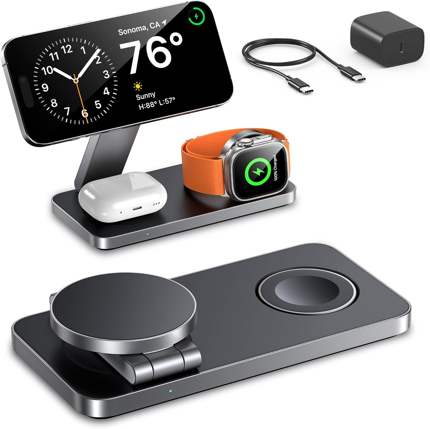 EXW 3 in 1 Magnetic Wireless Charging Station,Fast Wireless Charger for iphone 16/15/14/13/12,Charging Station for Apple Watch and AirPods(Adapter Included) Deep Black